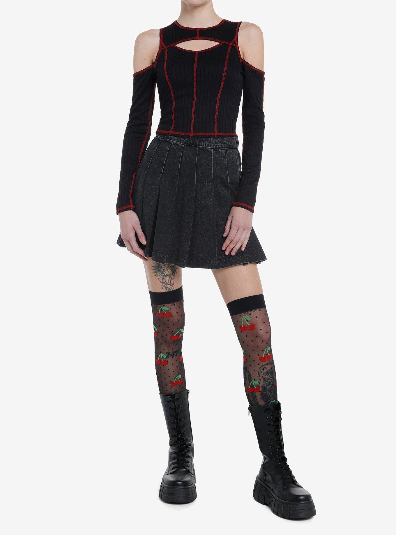 Social Collision Black & Red Contrast Stitch Cold Shoulder Girls Long-Sleeve Top, RED, alternate