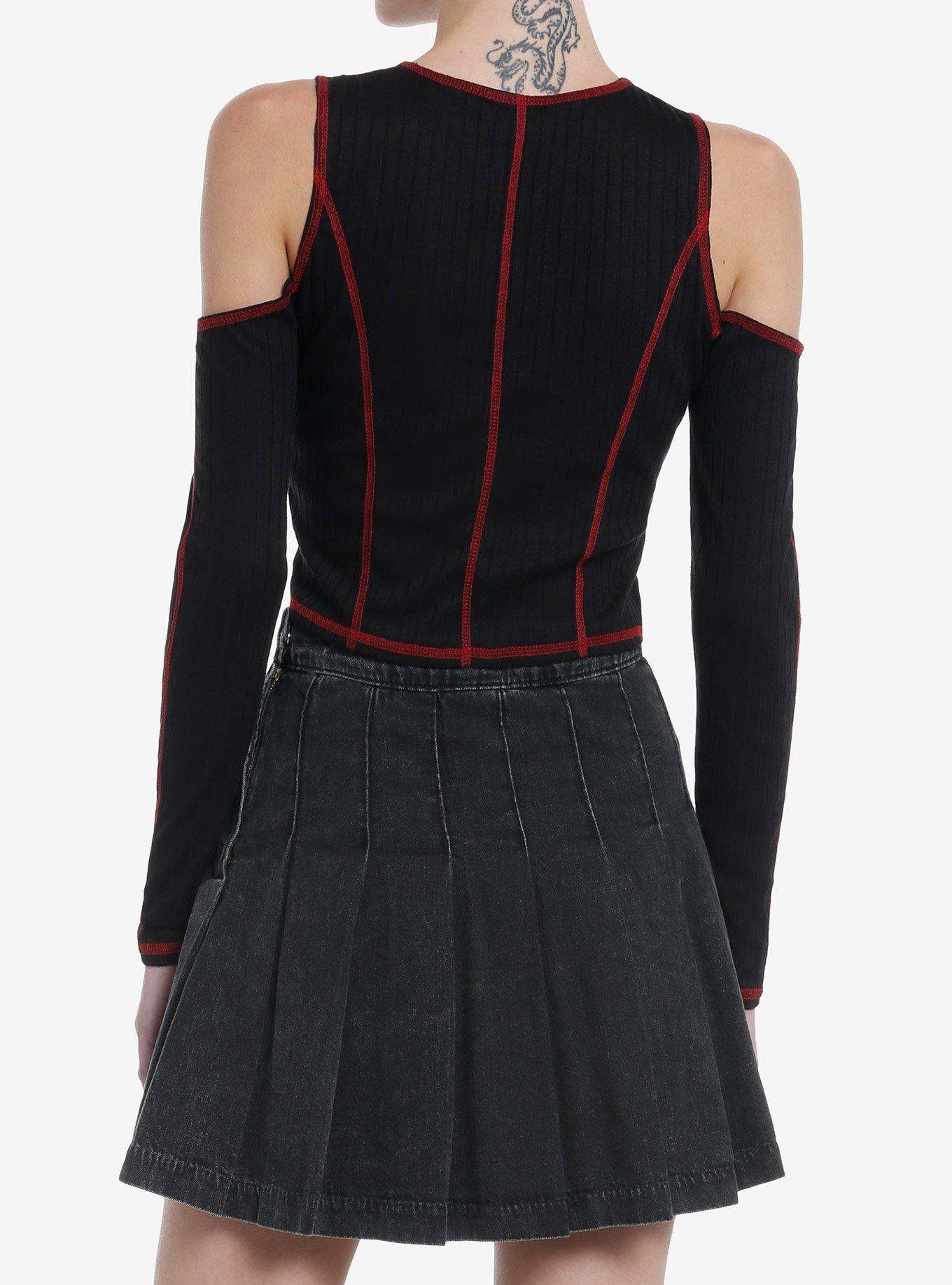 Social Collision Black & Red Contrast Stitch Cold Shoulder Girls Long-Sleeve Top, RED, alternate