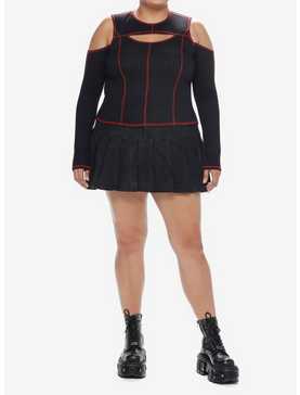 Social Collision Black & Red Contrast Stitch Cold Shoulder Girls Long-Sleeve Top Plus Size, , hi-res
