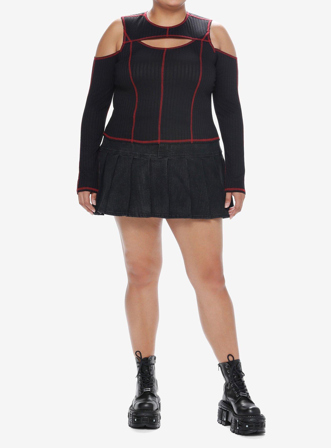 Social Collision Black & Red Contrast Stitch Cold Shoulder Girls Long-Sleeve Top Plus Size, RED, alternate