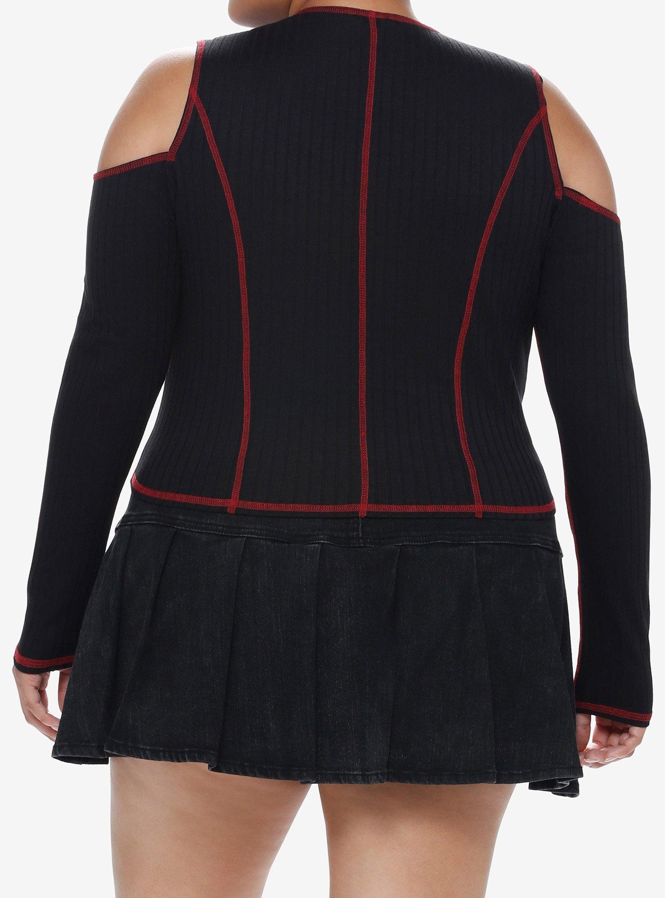 Social Collision Black & Red Contrast Stitch Cold Shoulder Girls Long-Sleeve Top Plus Size, RED, alternate
