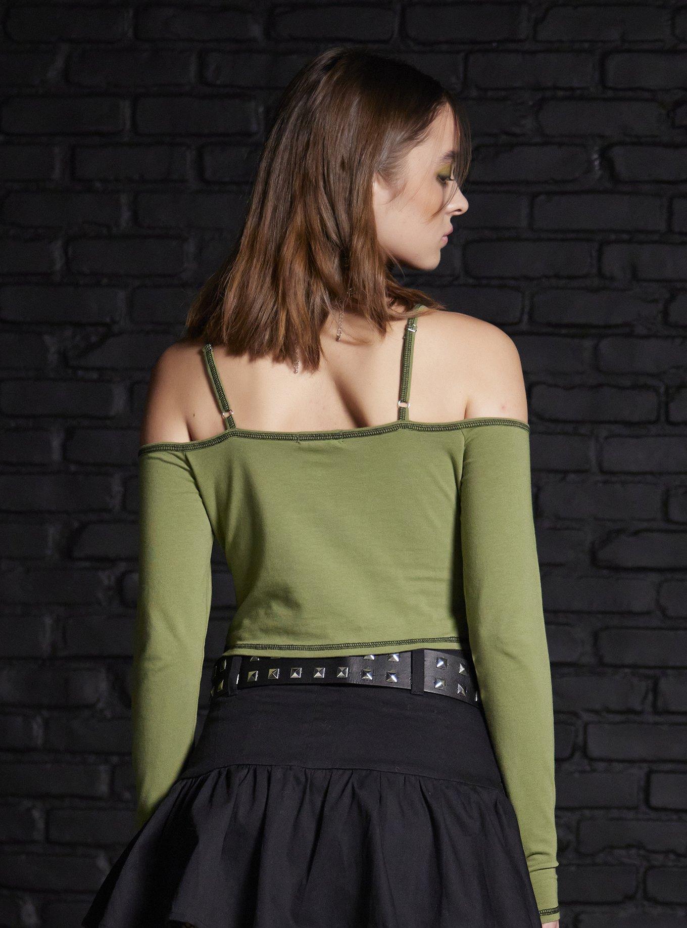 Social Collision Black Star Green Girls Cold-Shoulder Top, BLACK, alternate