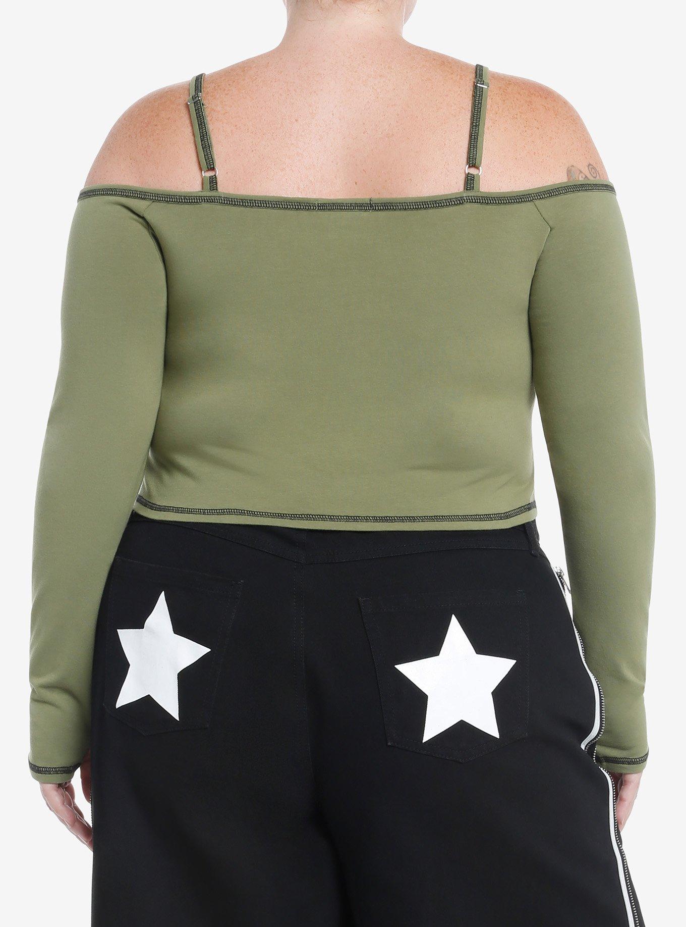 Social Collision Black Star Green Girls Cold-Shoulder Top Plus Size, BLACK, alternate