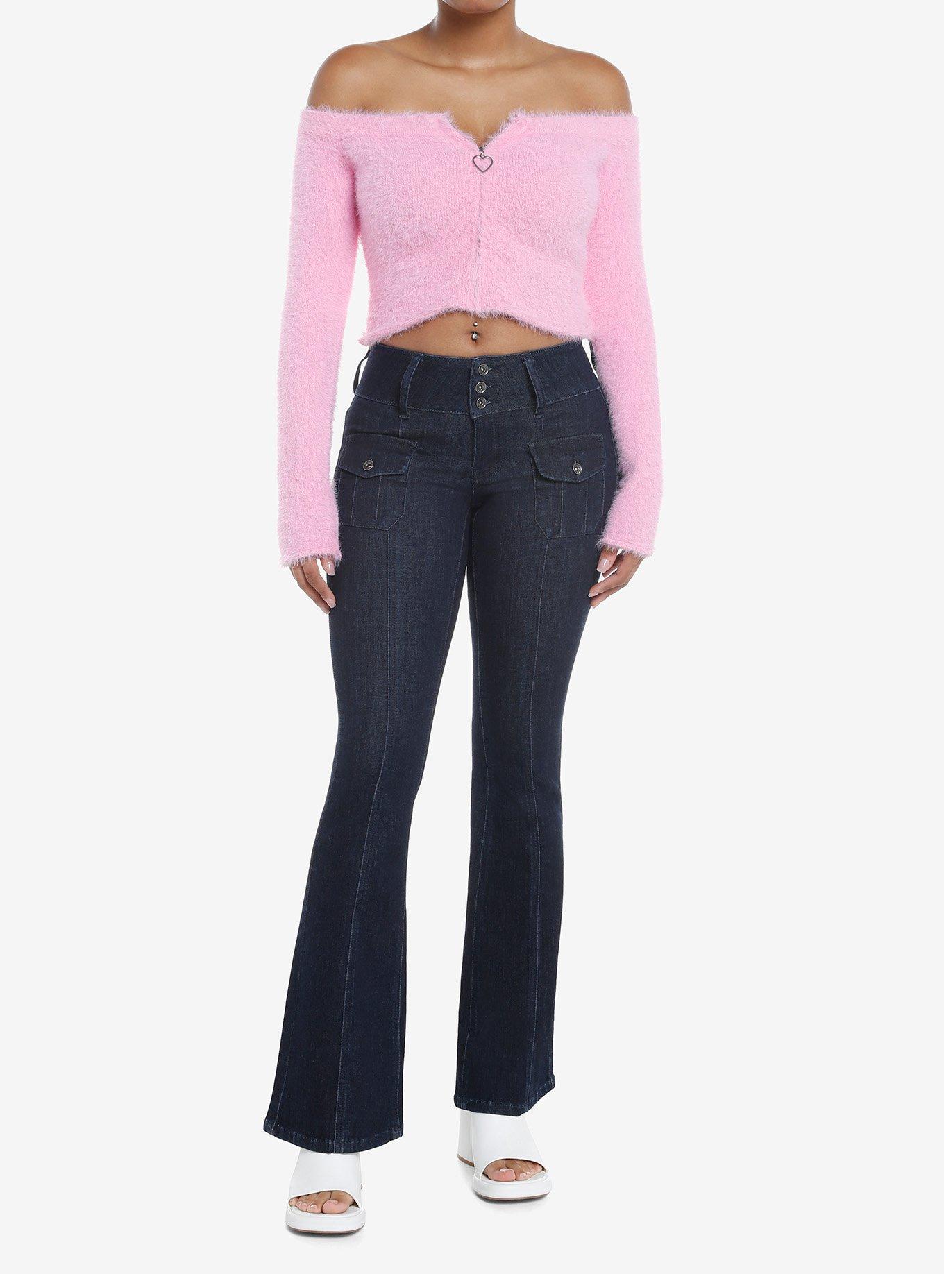 Pink Fuzzy Zipper Off-The-Shoulder Girls Crop Sweater, PINK, alternate
