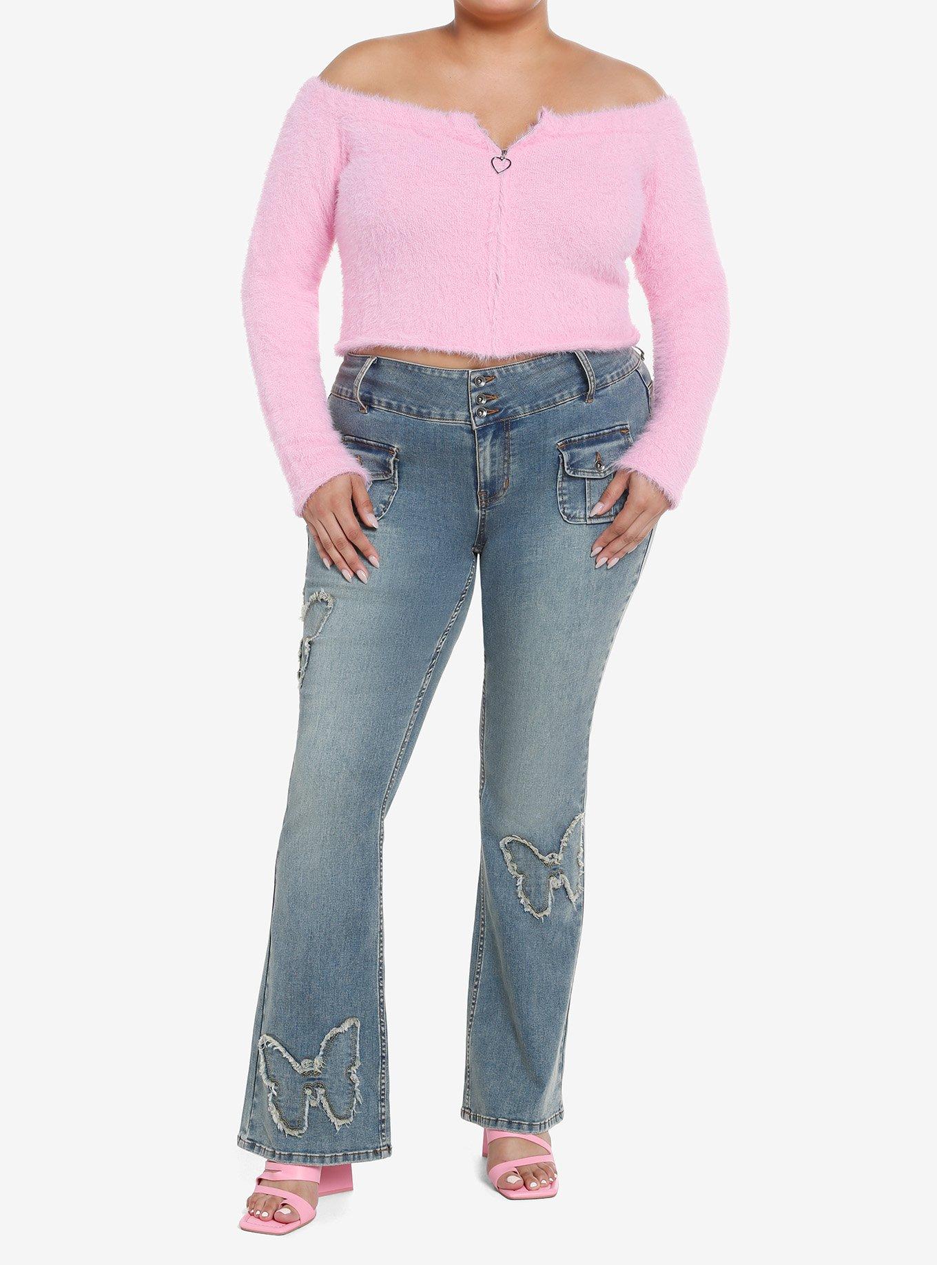 Pink Fuzzy Zipper Off-The-Shoulder Girls Crop Sweater Plus Size, , hi-res