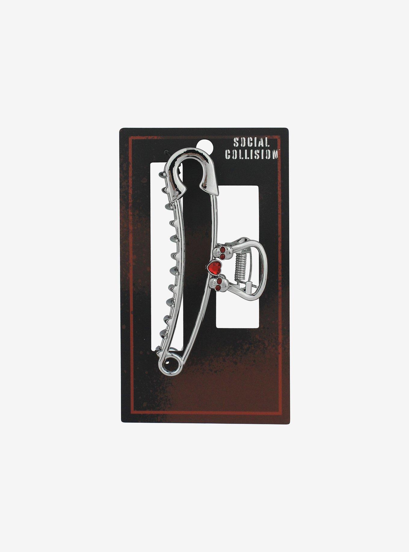 Social Collision Skull Safety Pin Claw Hair Clip, , alternate