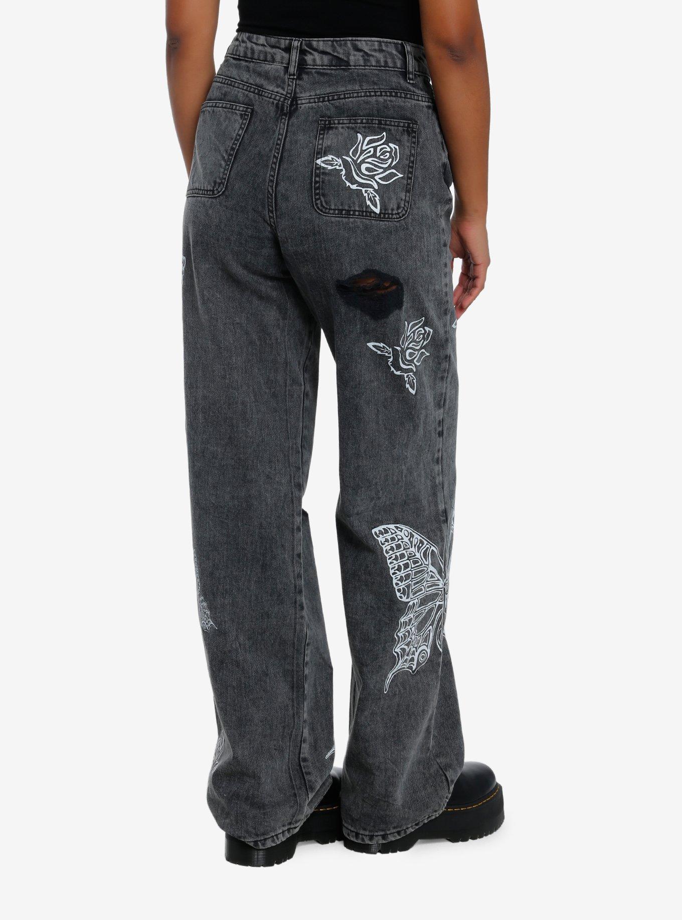 Black Wash Butterfly Rose Destructed Wide Leg Denim Pants, , alternate