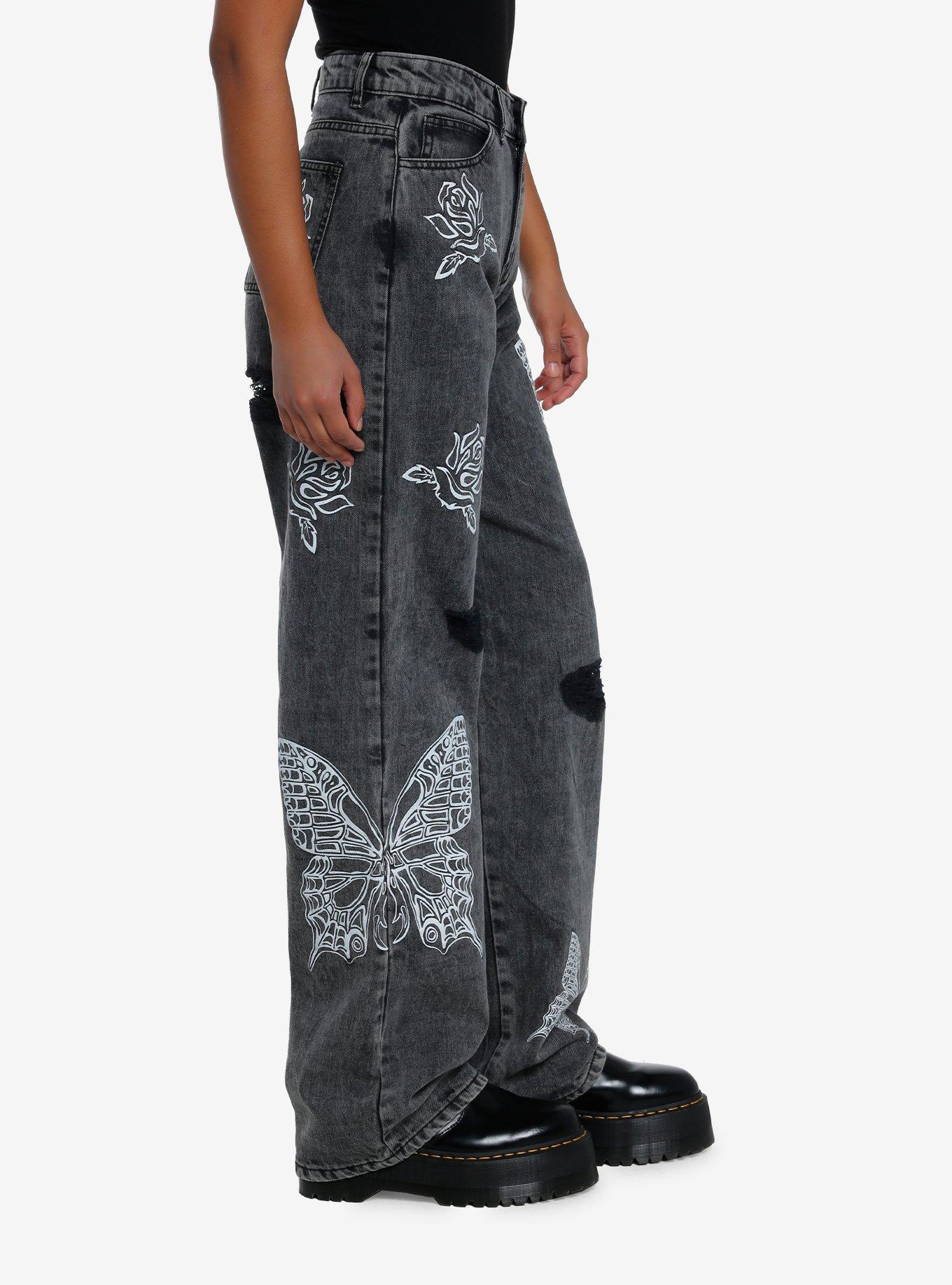 Black Wash Butterfly Rose Destructed Wide Leg Denim Pants, , alternate