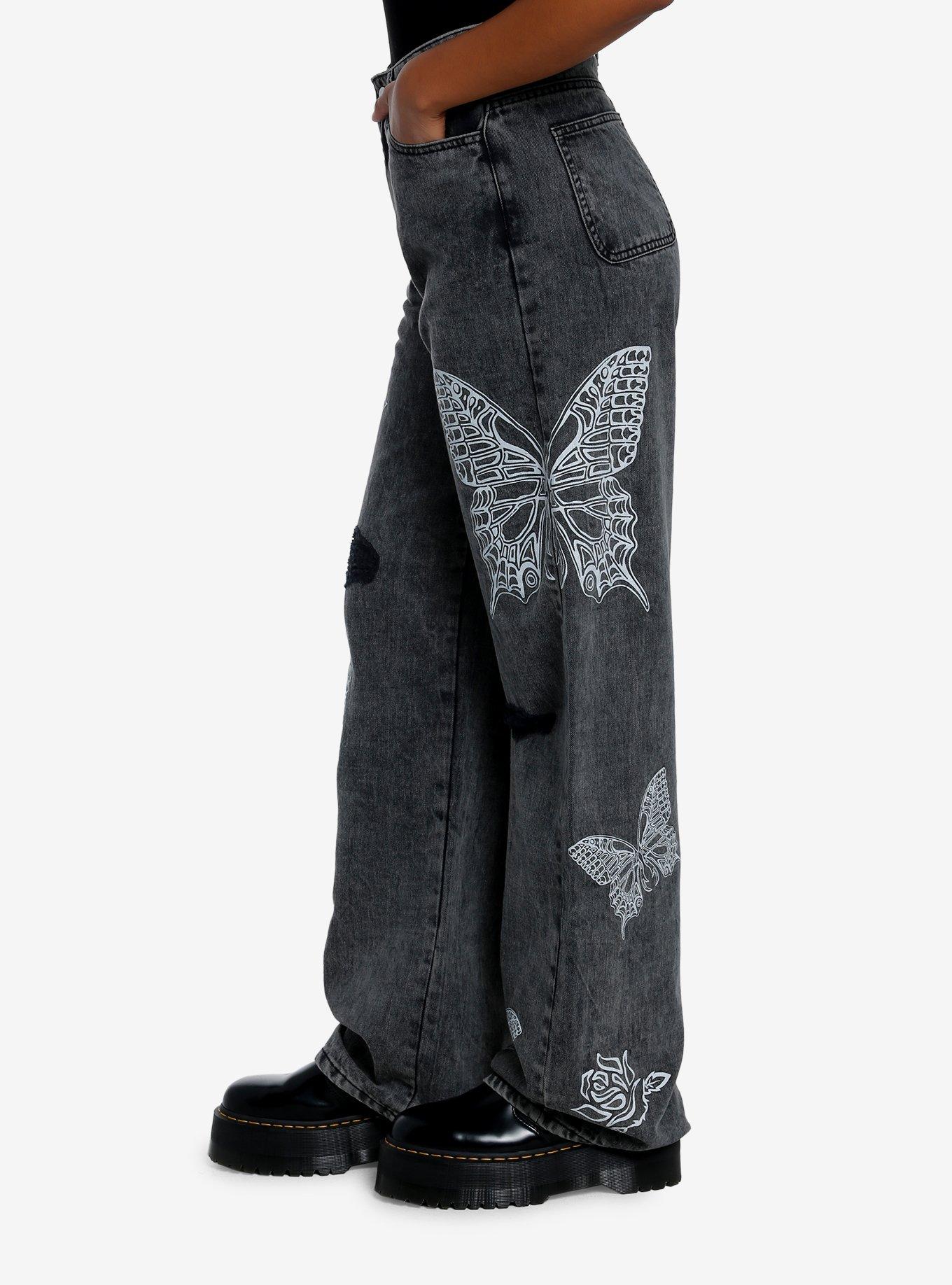 Black Wash Butterfly Rose Destructed Wide Leg Denim Pants, , alternate