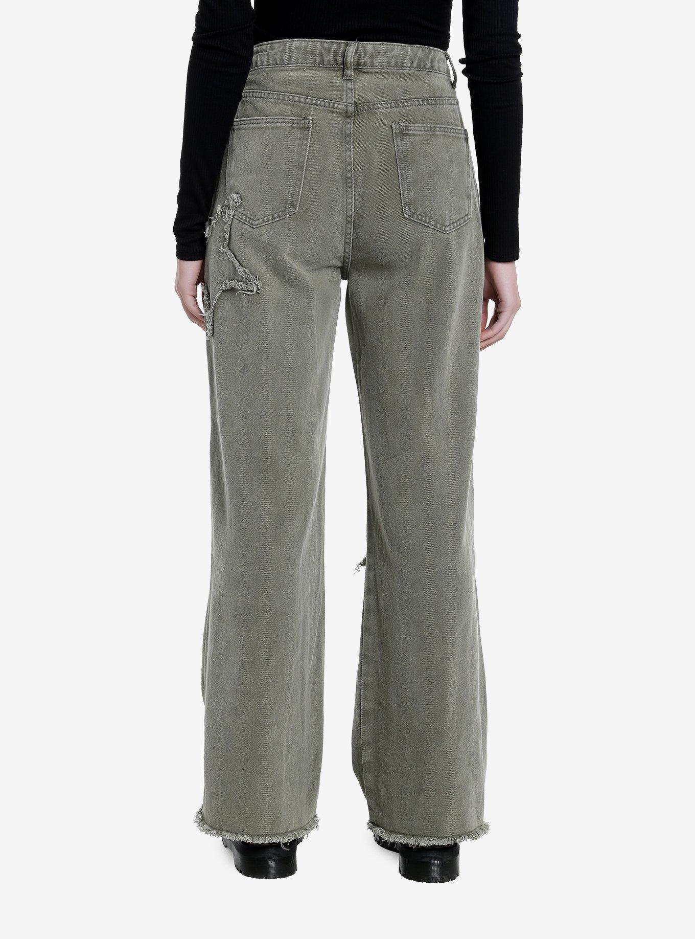 Green Distressed Star Wide Leg Pants, GREEN, alternate