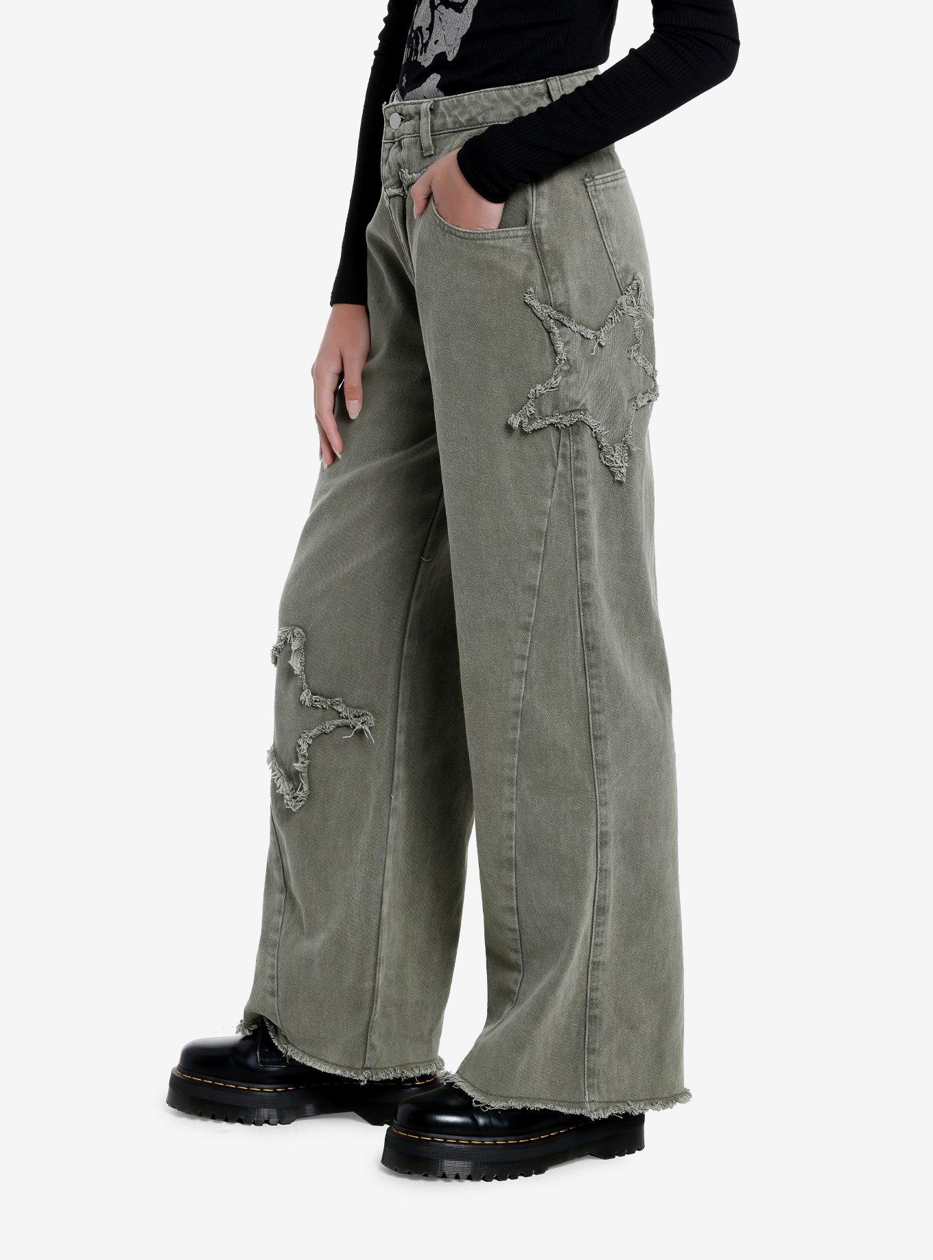 Green Distressed Star Wide Leg Pants, GREEN, alternate