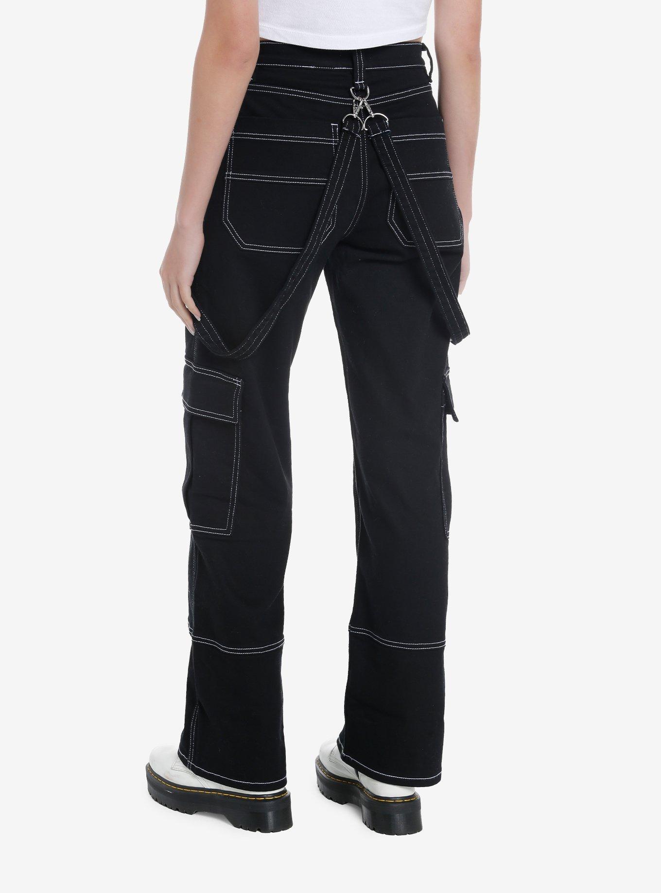 Black & White Contrast Stitch Suspender Carpenter Pants, , hi-res