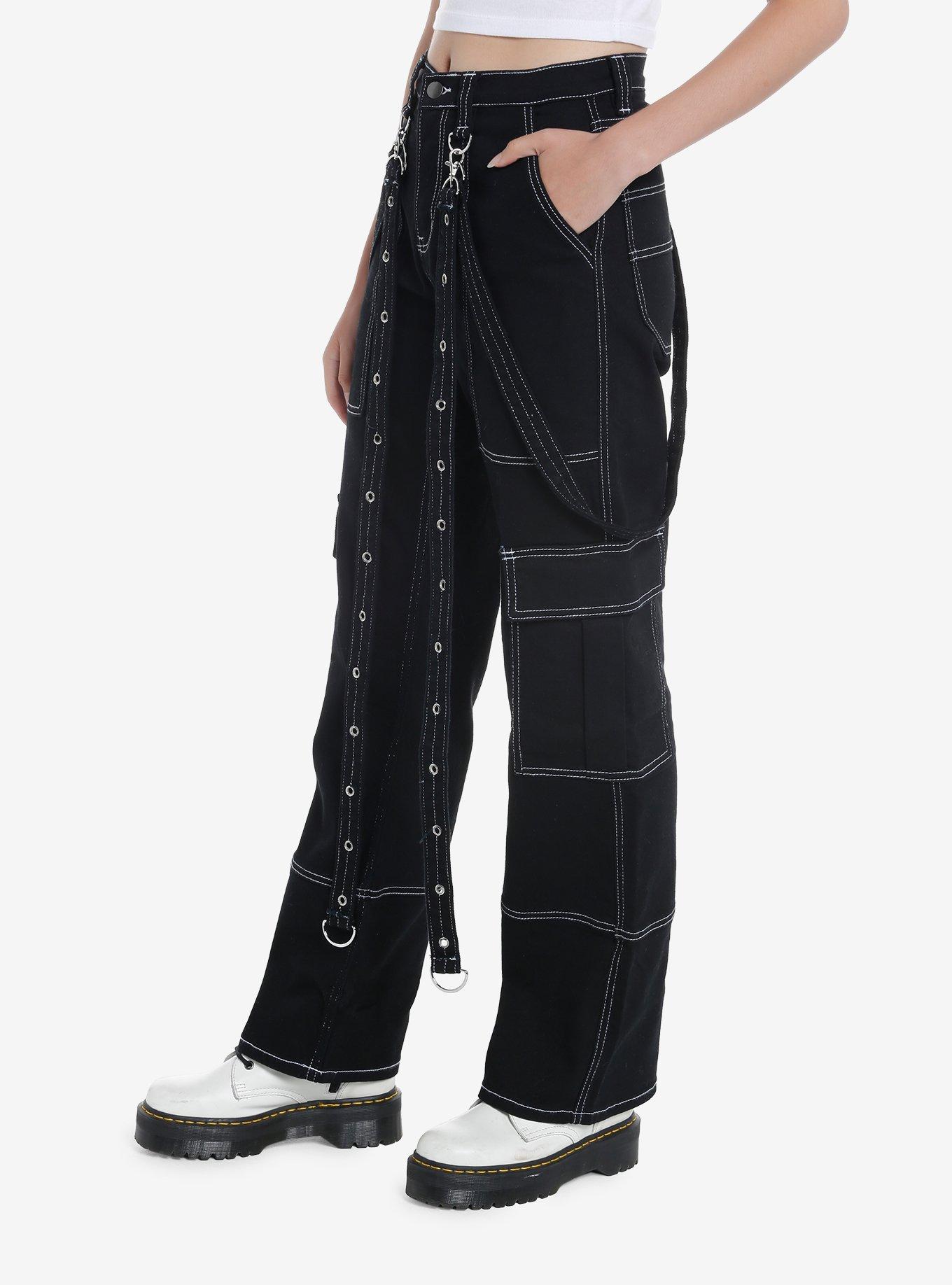 Black & White Contrast Stitch Suspender Carpenter Pants, , alternate