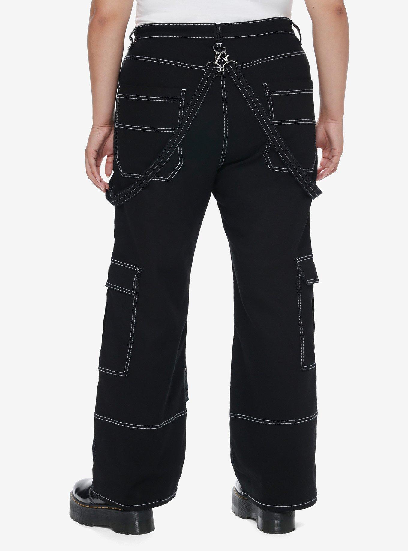Black & White Contrast Stitch Suspender Carpenter Pants Plus Size, , alternate