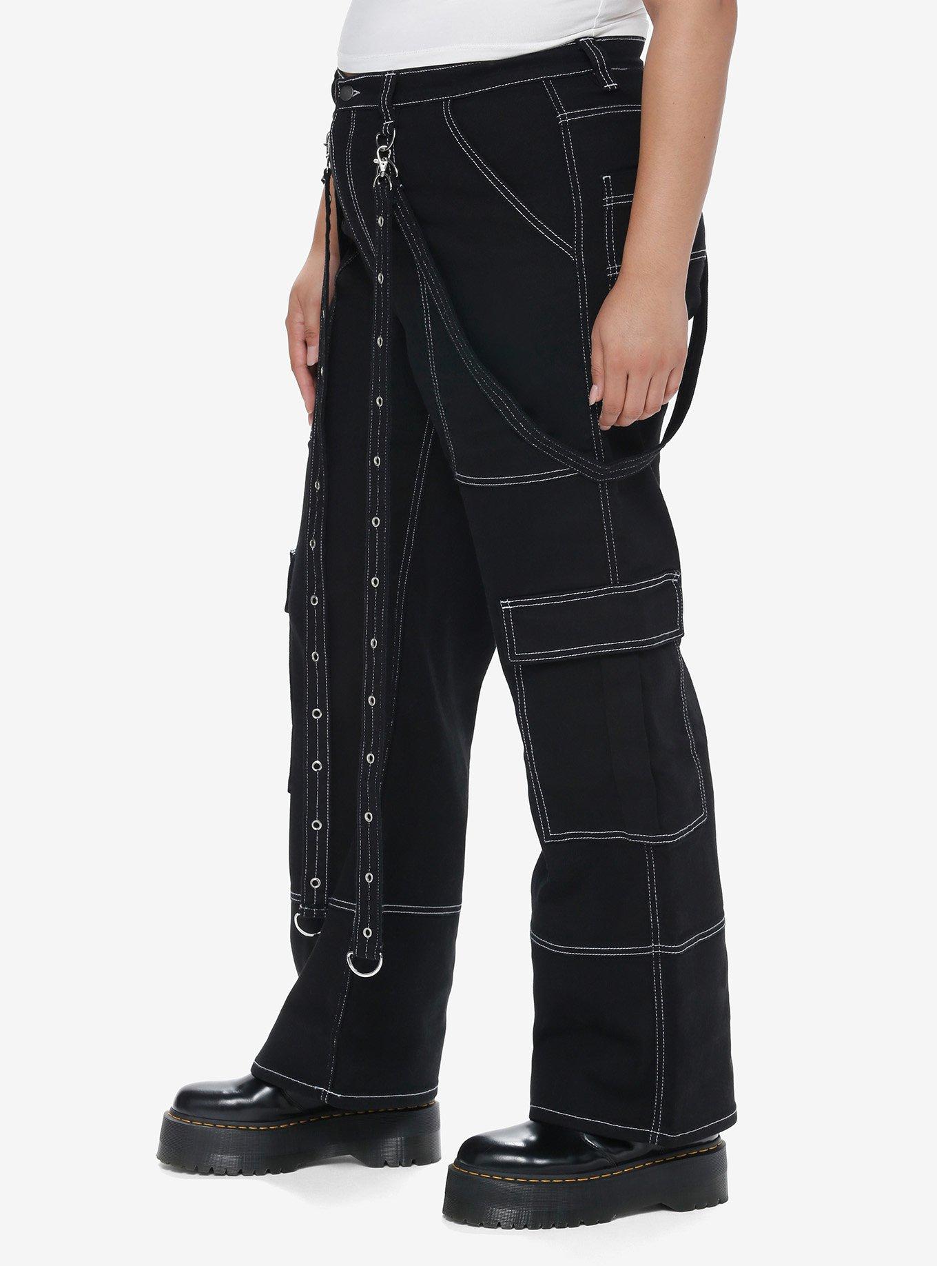 Black & White Contrast Stitch Suspender Carpenter Pants Plus Size, , alternate
