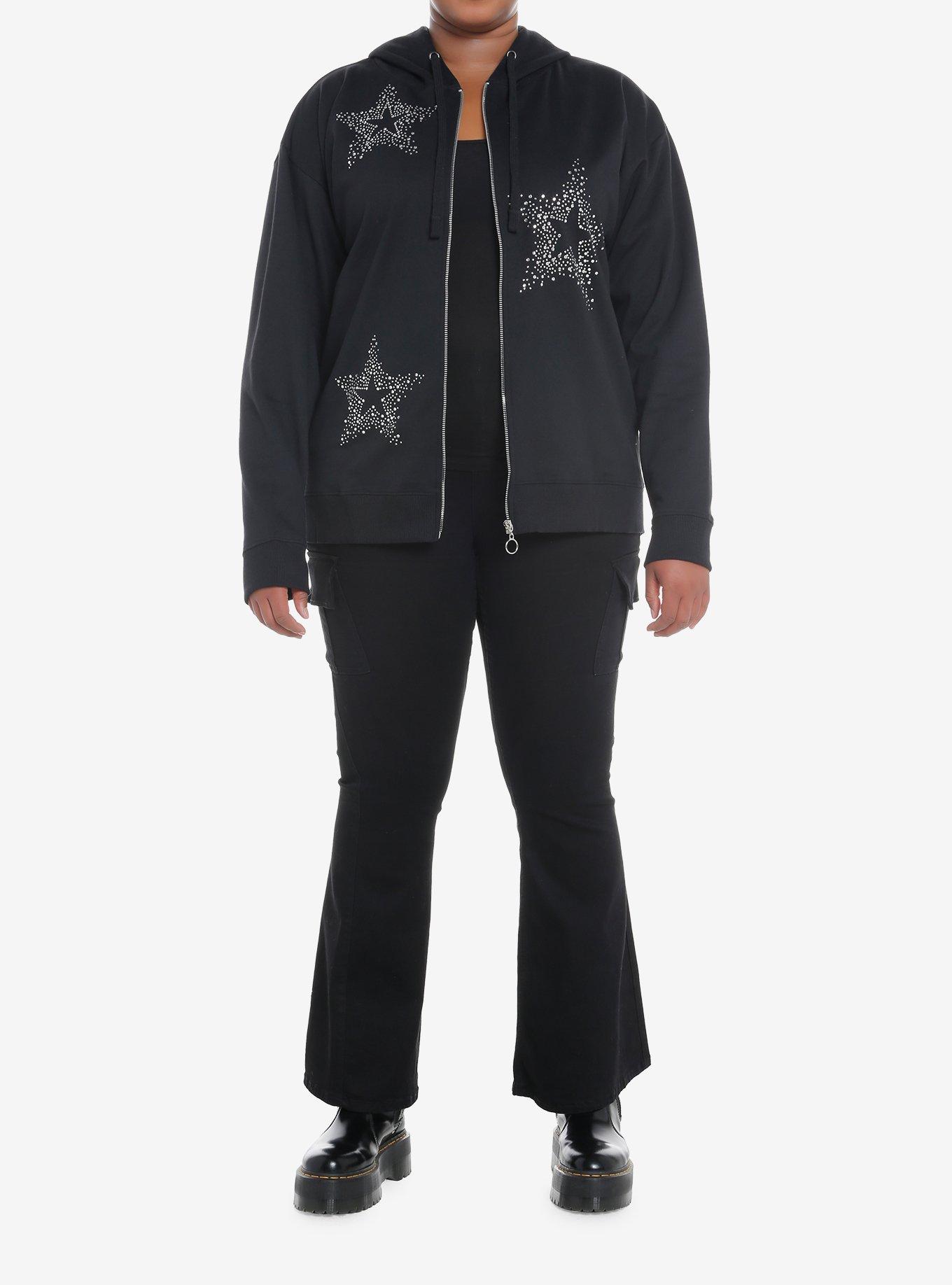 Black & Rhinestone Stars Girls Hoodie Plus Size, , alternate