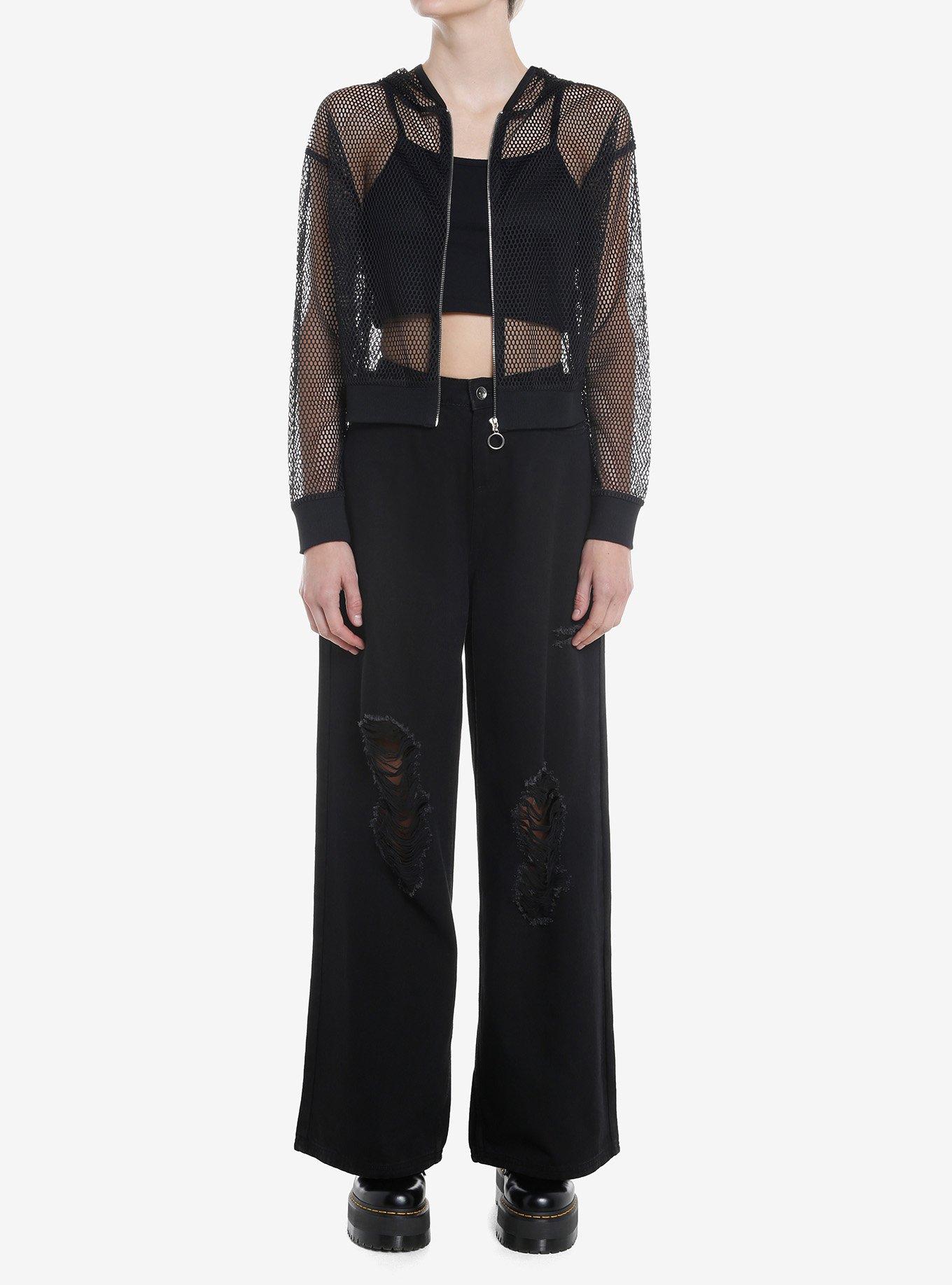 Black Mesh O-Ring Crop Girls Hoodie, BLACK, alternate