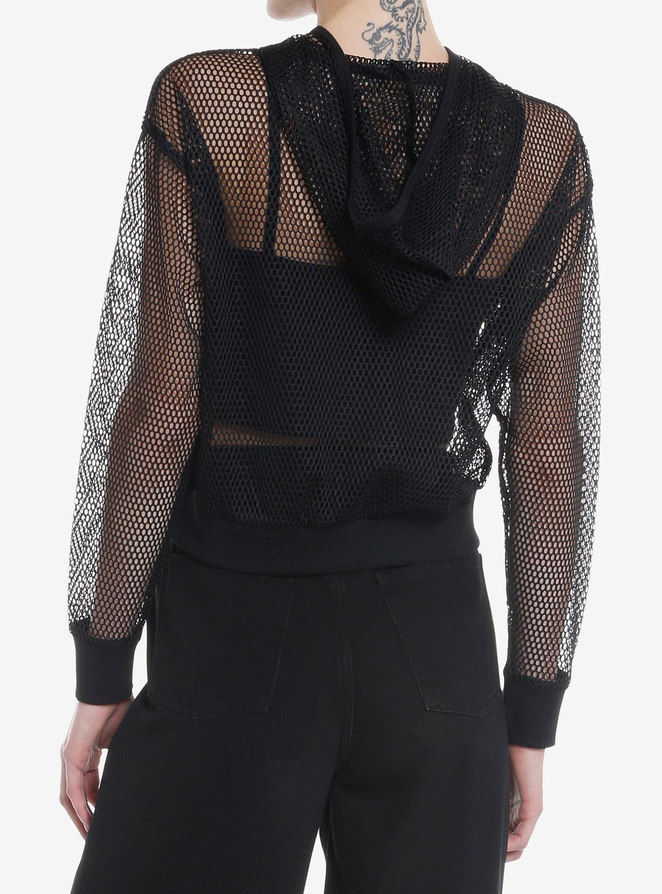 Black Mesh O-Ring Crop Girls Hoodie, BLACK, alternate
