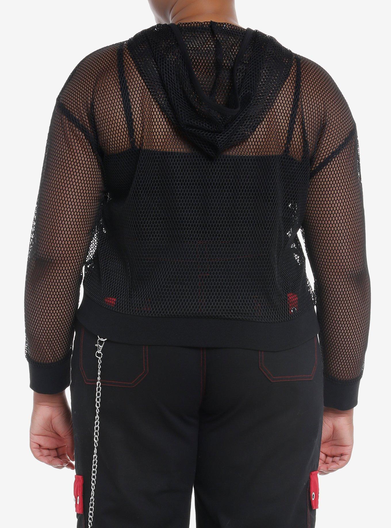 Black Mesh O-Ring Girls Crop Hoodie Plus Size, BLACK, alternate