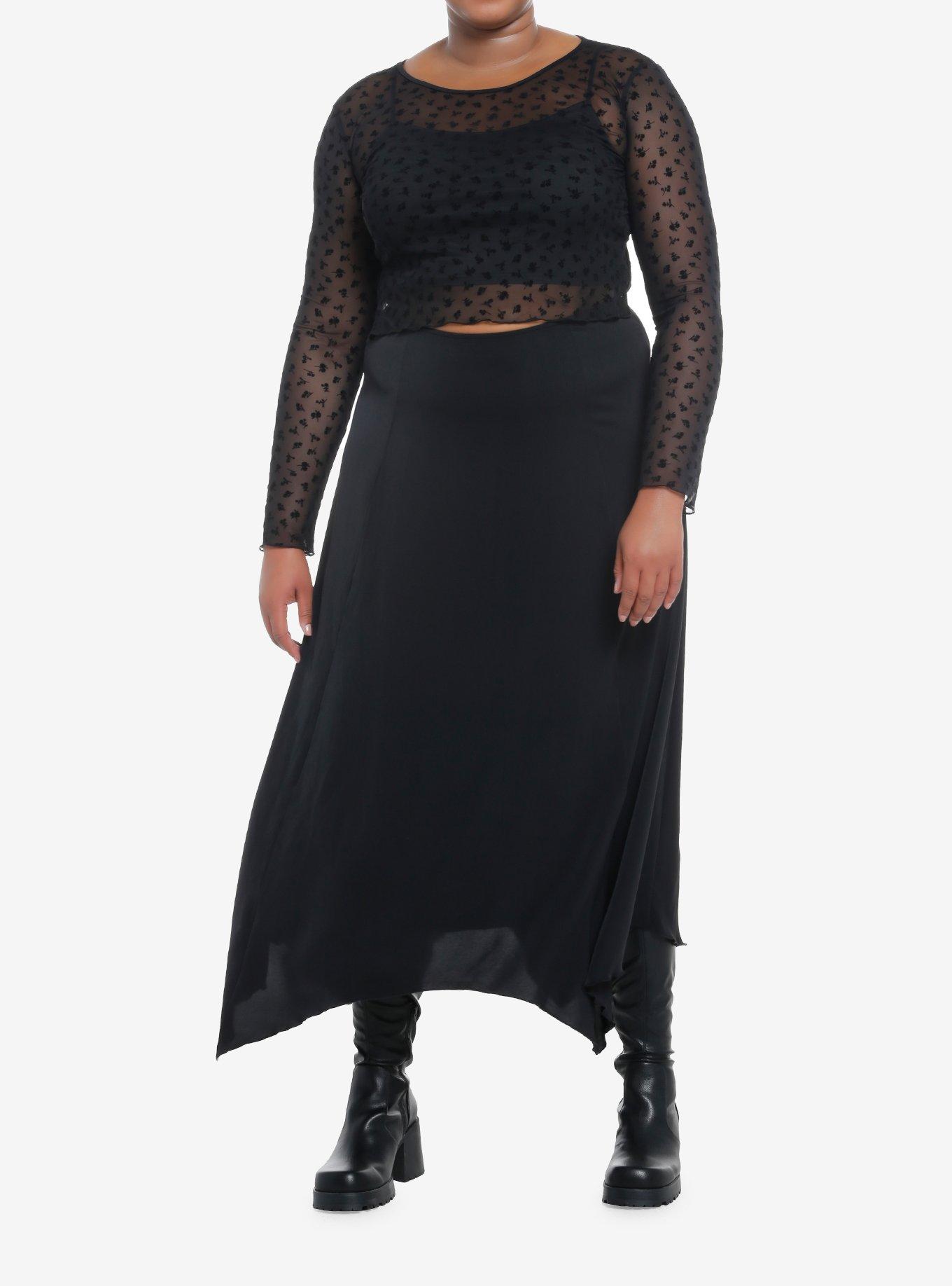 Black Flocked Rose Girls Twofer Long-Sleeve Top Plus Size, , hi-res
