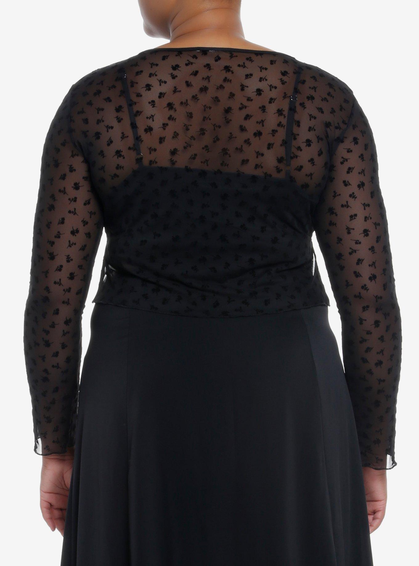 Black Flocked Rose Girls Twofer Long-Sleeve Top Plus Size, BLACK, alternate