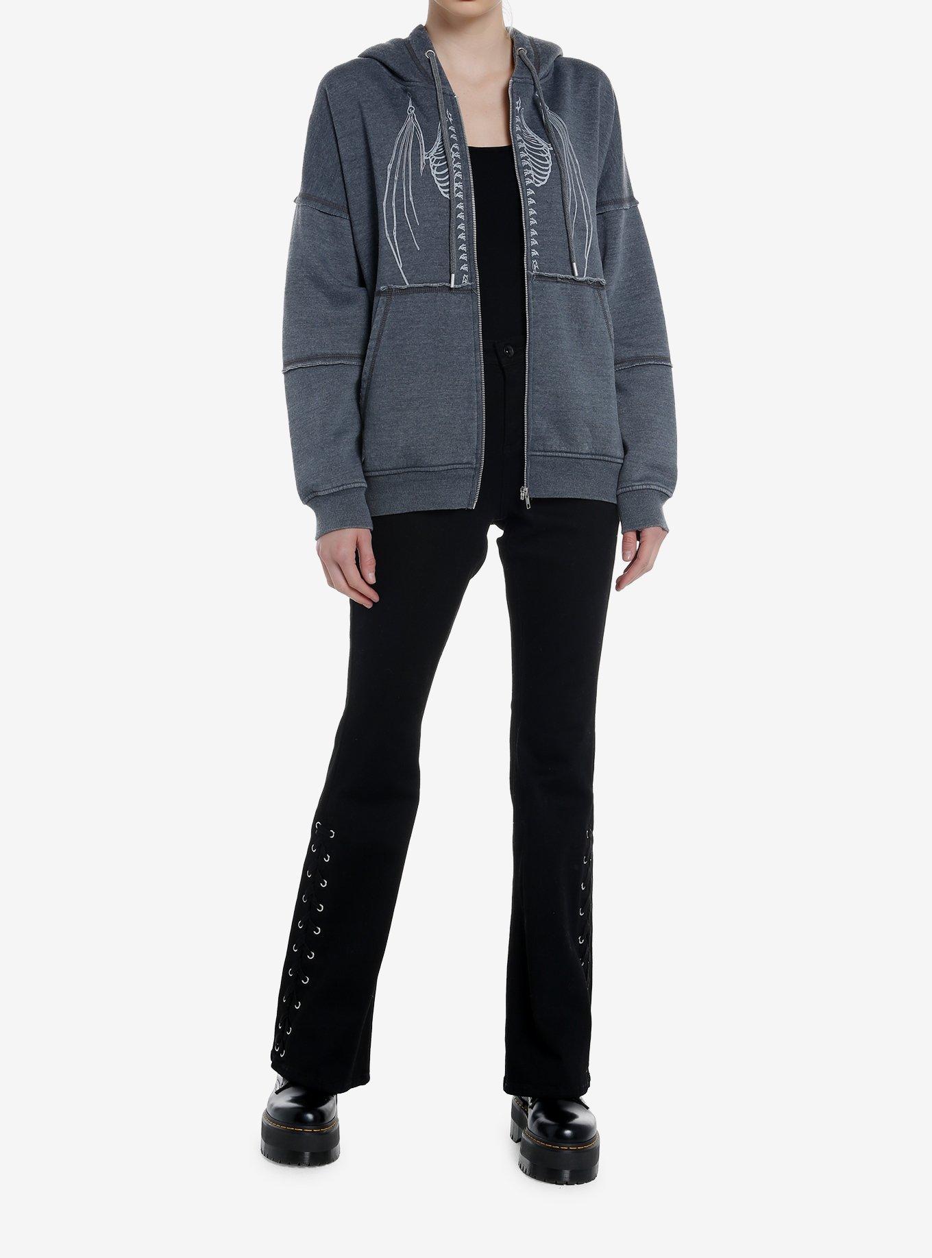 Grey Bat Skeleton Stitched Girls Hoodie, , alternate