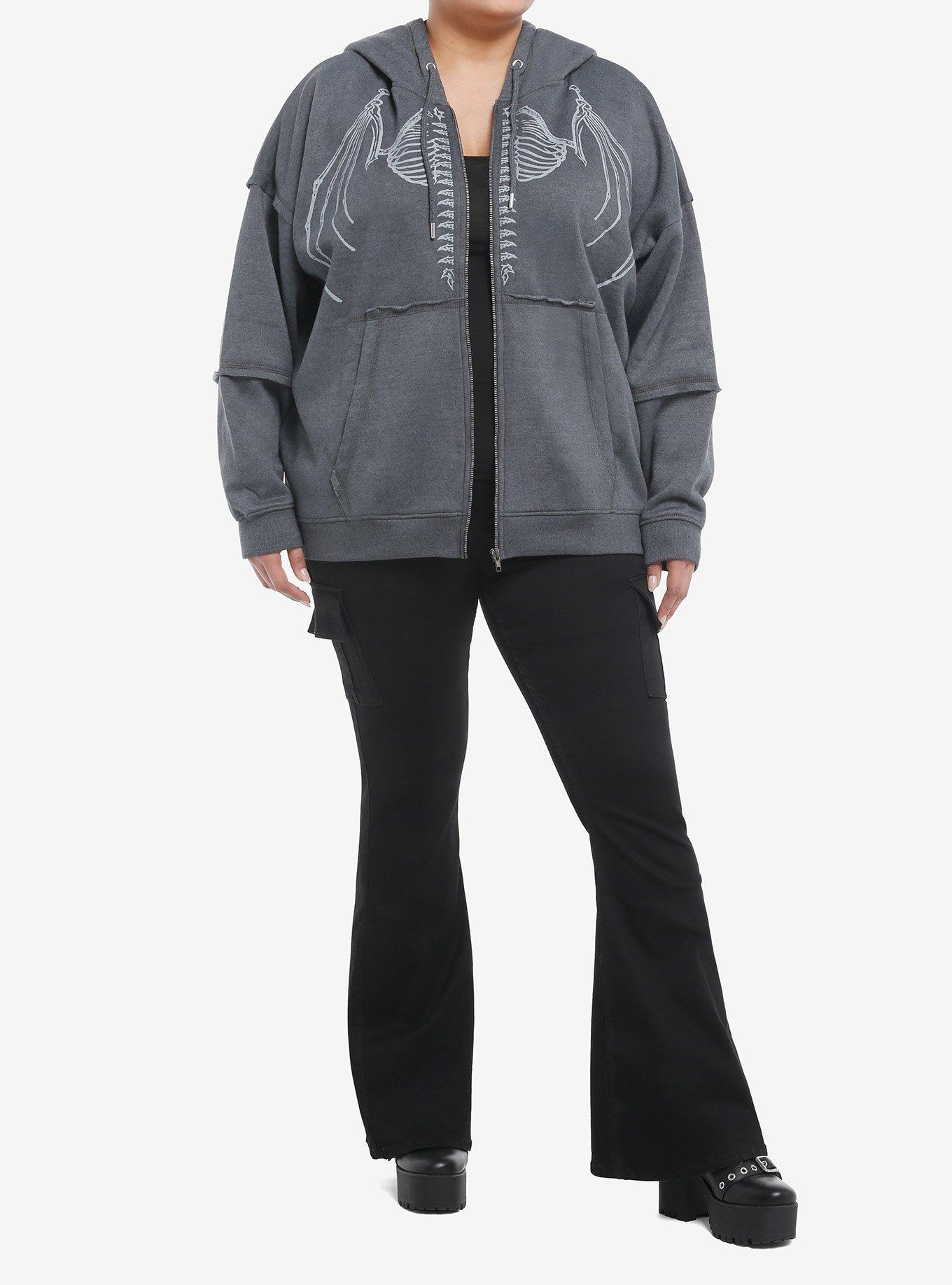 Grey Bat Skeleton Stitched Girls Hoodie Plus Size, , hi-res