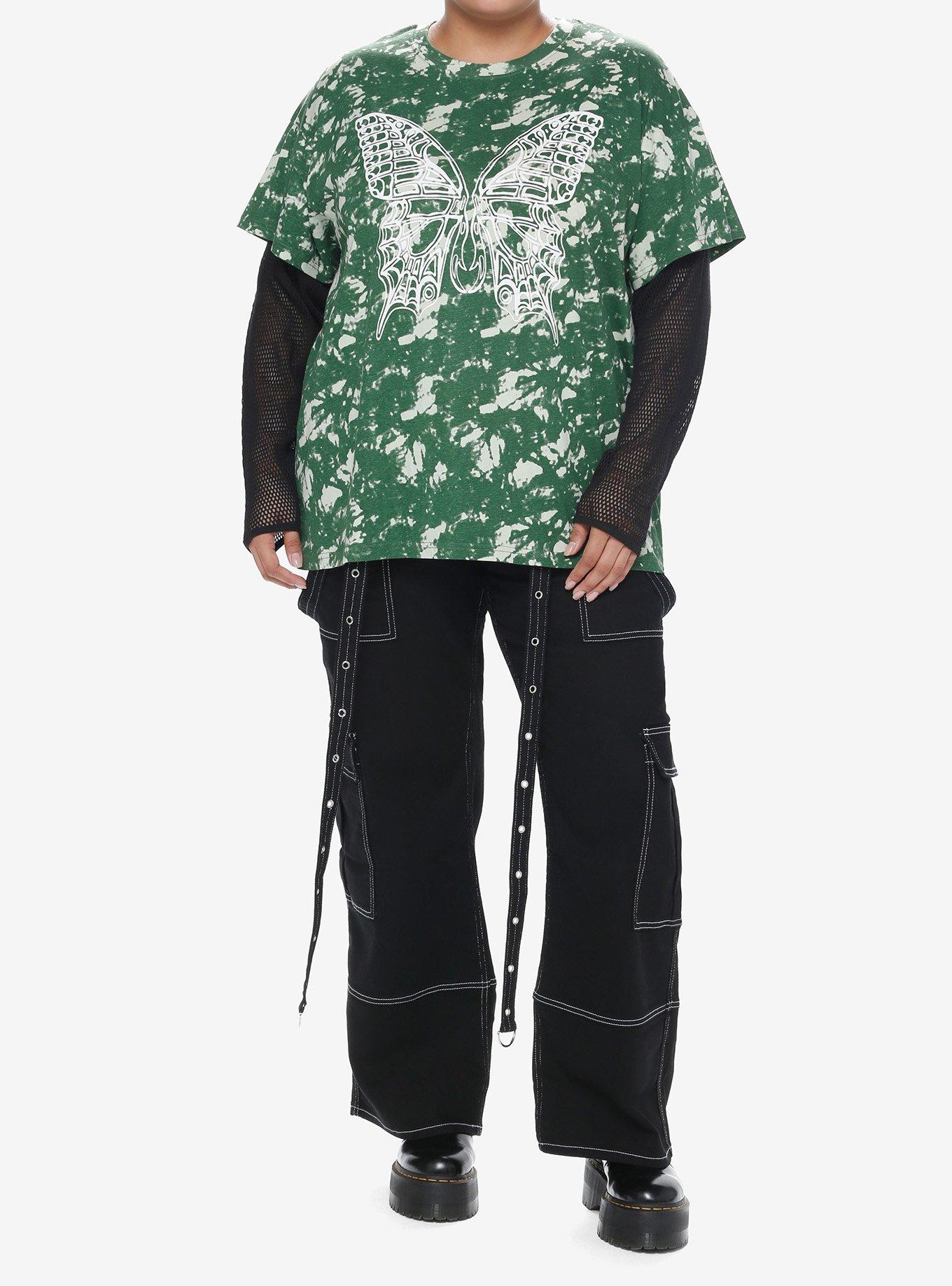 Butterfly Acid Wash Mesh Girls Twofer Long-Sleeve T-Shirt Plus Size, , hi-res