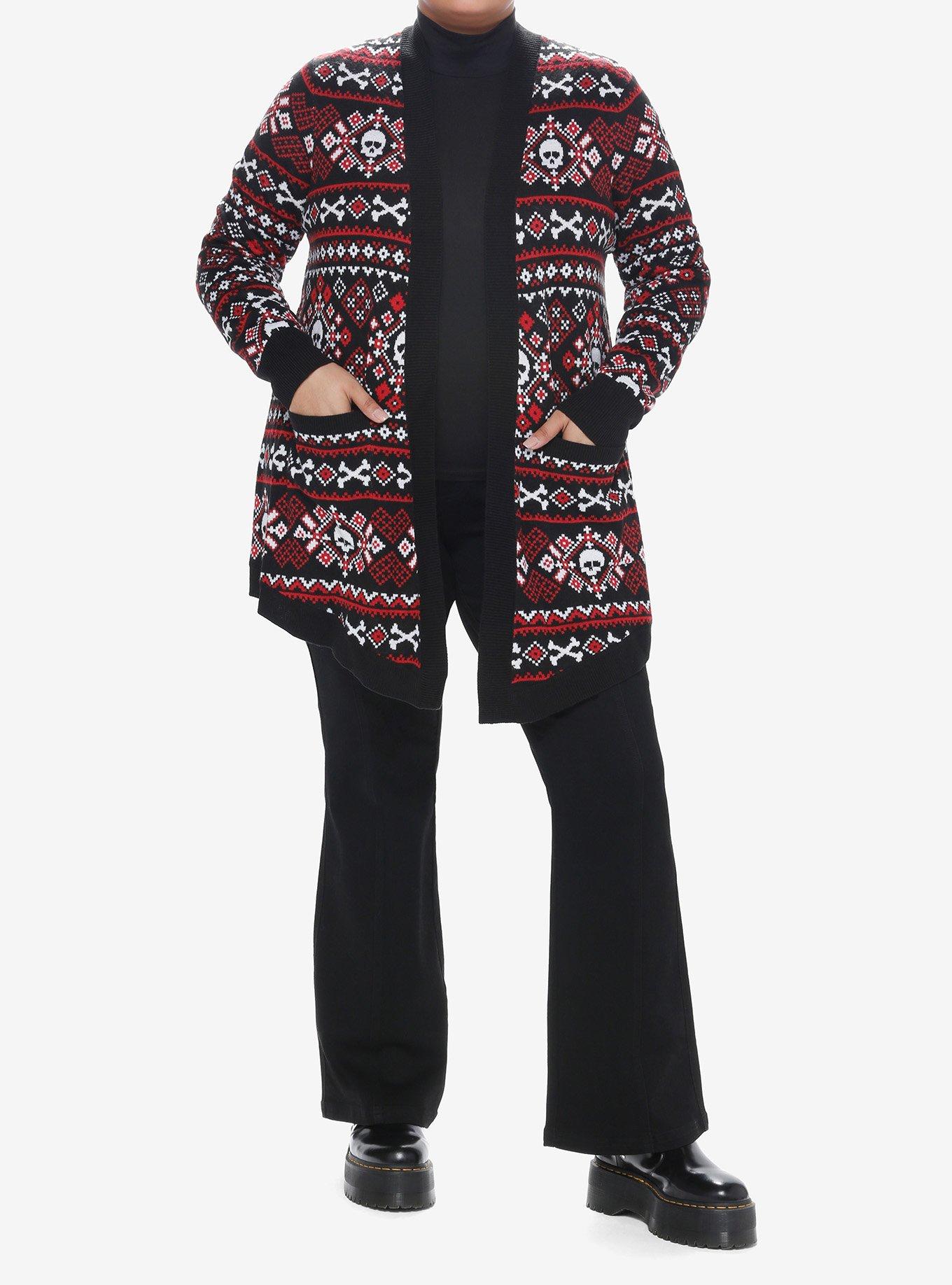 Social Collision Black & Red Skull Fair Isle Girls Cardigan Plus Size, RED, alternate
