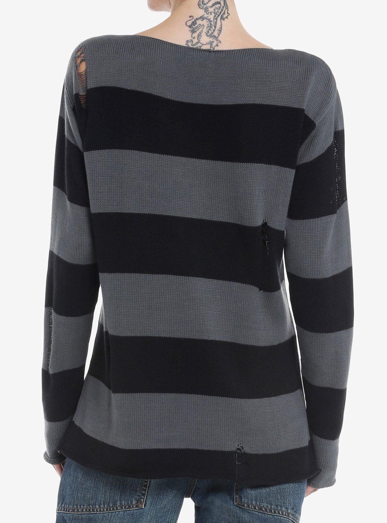Black & Grey Stripe Star Distressed Girls Sweater, GREY, alternate