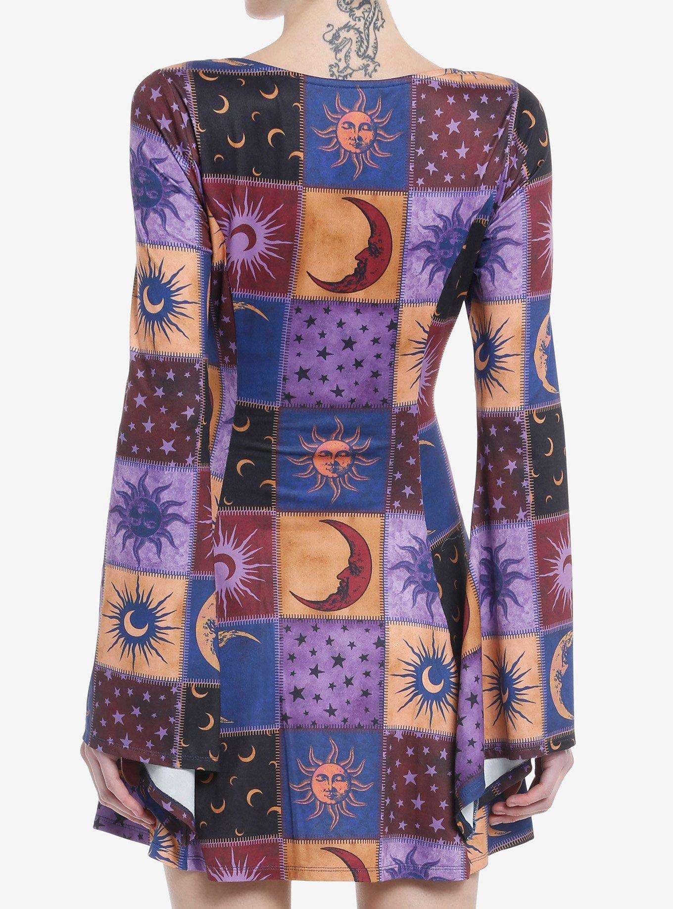 Cosmic Aura Celestial Patchwork Bell Sleeve Dress, PURPLE, alternate