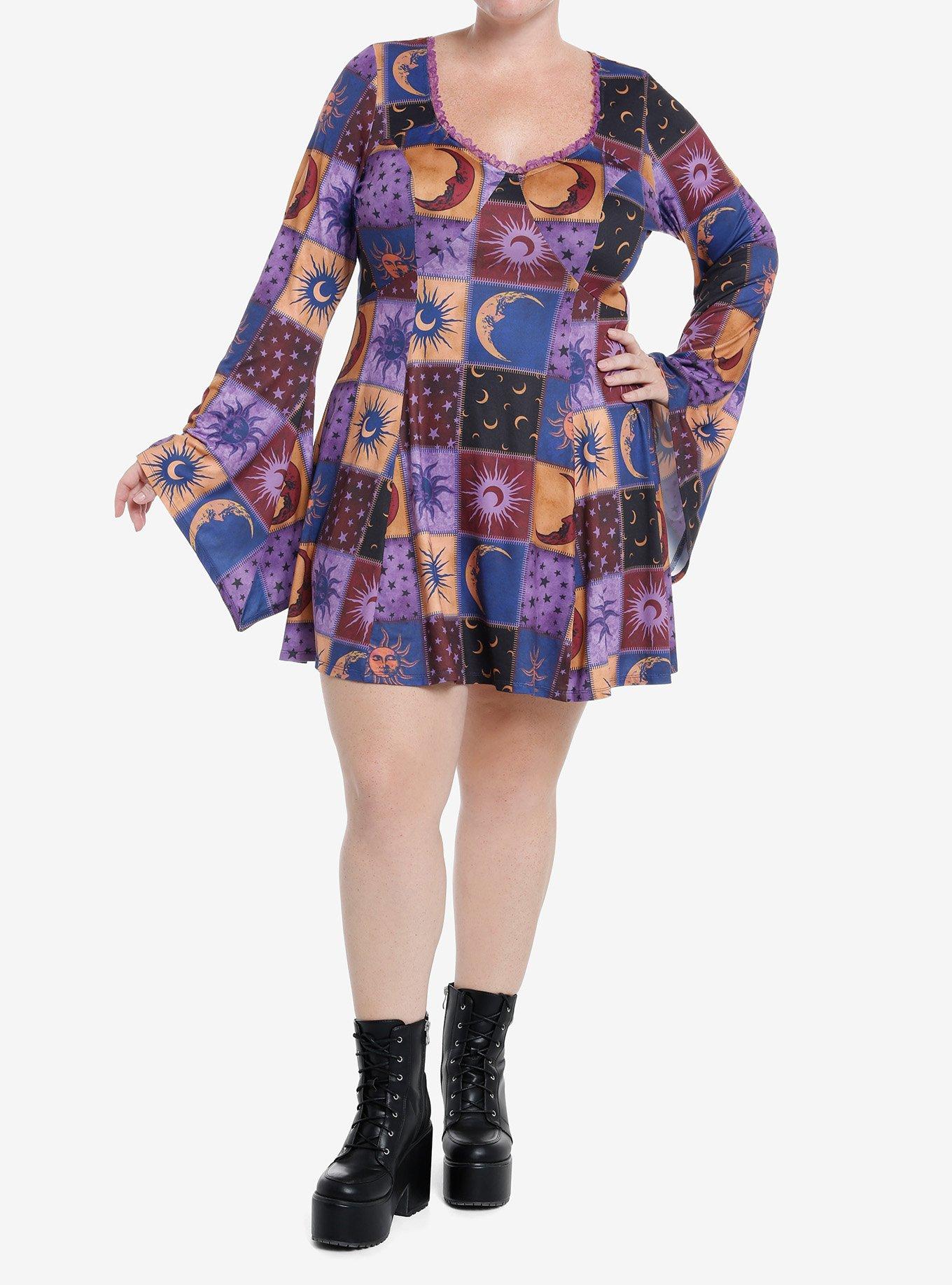 Cosmic Aura Celestial Patchwork Bell Sleeve Dress Plus Size, , hi-res