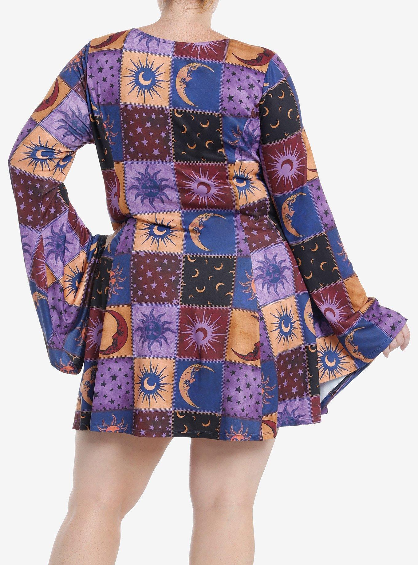 Cosmic Aura Celestial Patchwork Bell Sleeve Dress Plus Size, PURPLE, alternate