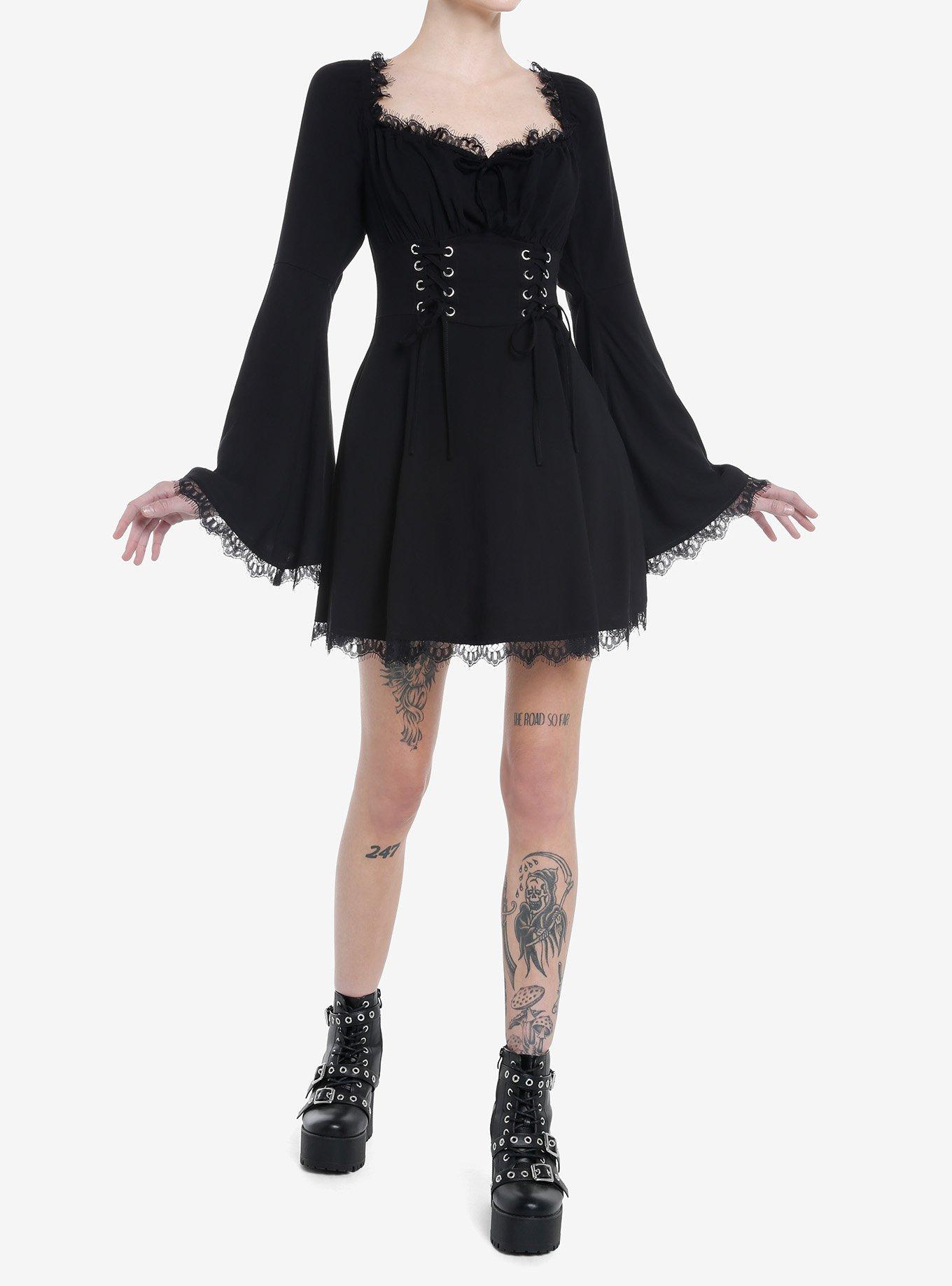 Cosmic Aura Black Lace-Up Bell Sleeve Dress, , hi-res