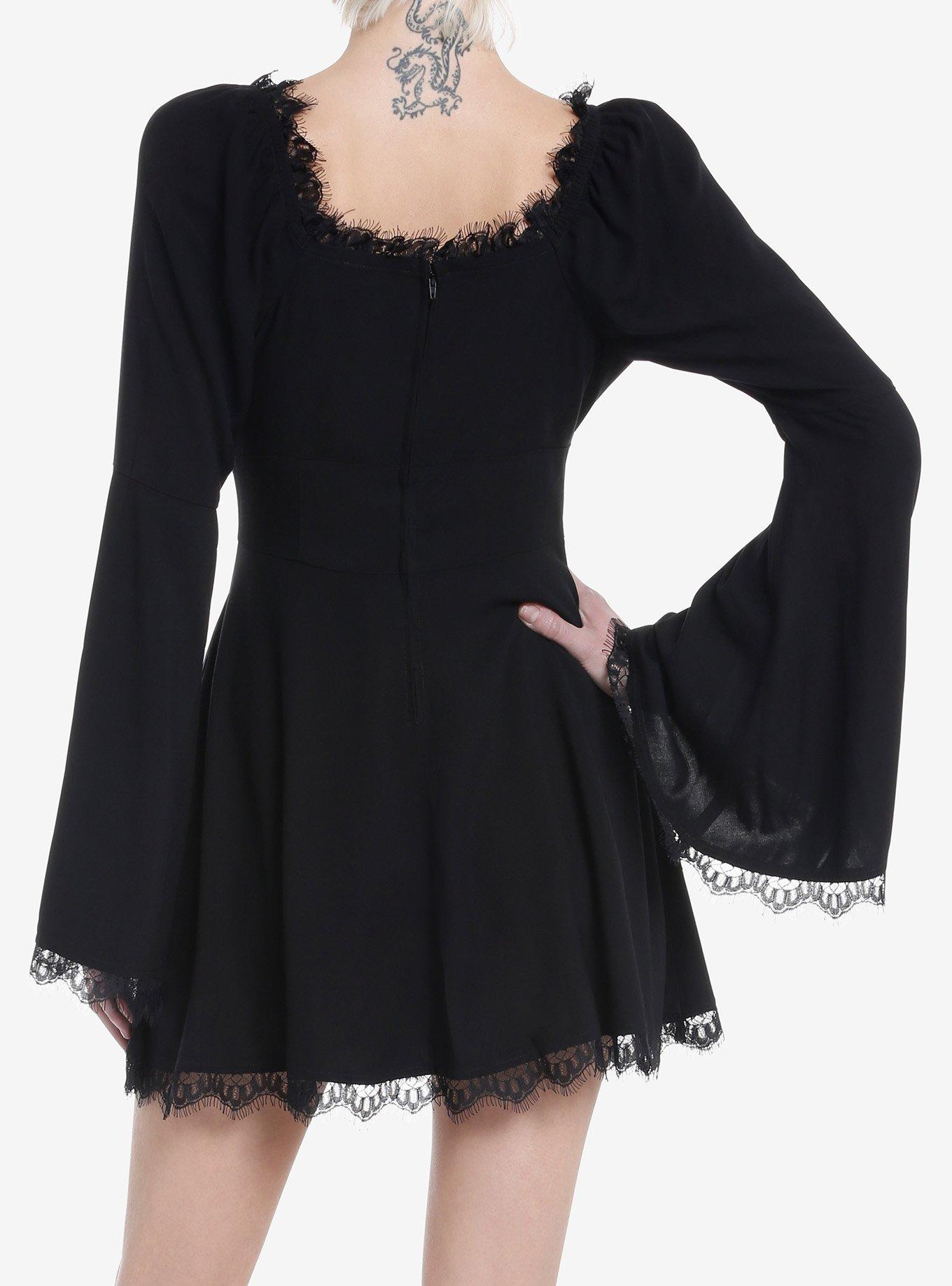Cosmic Aura Black Lace-Up Bell Sleeve Dress, BLACK, alternate