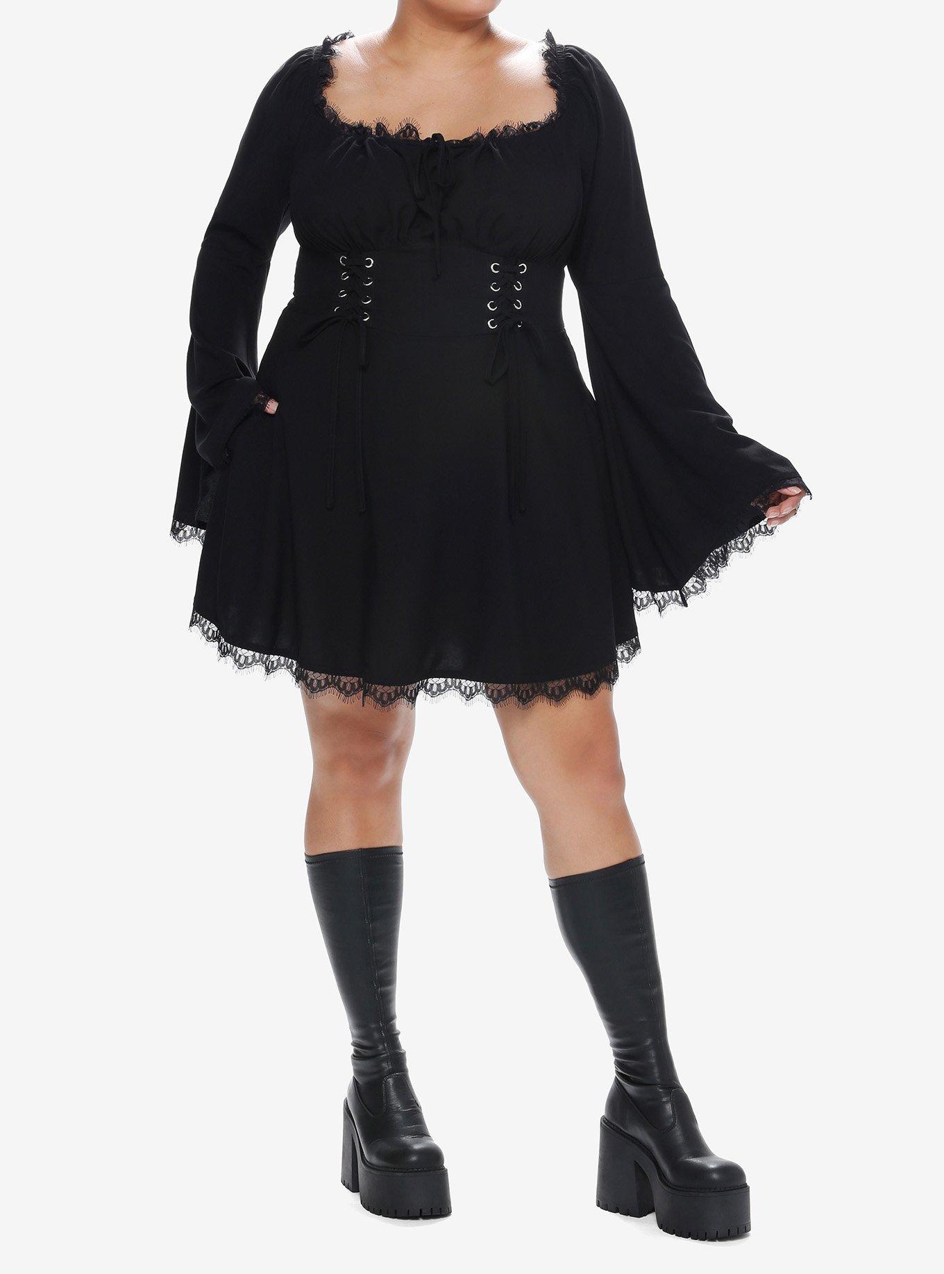 Cosmic Aura Black Lace-Up Bell Sleeve Dress Plus Size