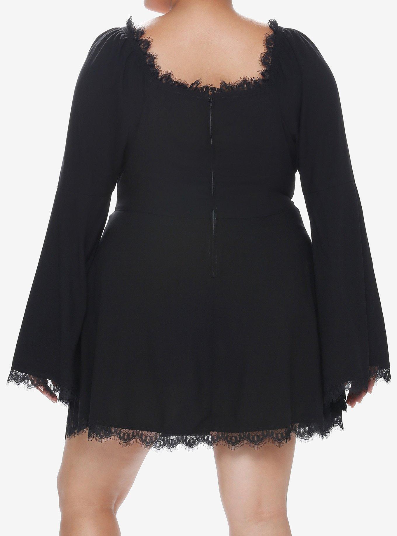 Cosmic Aura Black Lace-Up Bell Sleeve Dress Plus Size, BLACK, alternate
