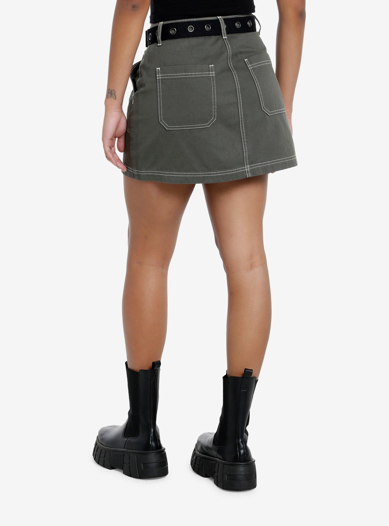 Social Collision Green & Brown Plaid Buckle Mini Skirt, , hi-res