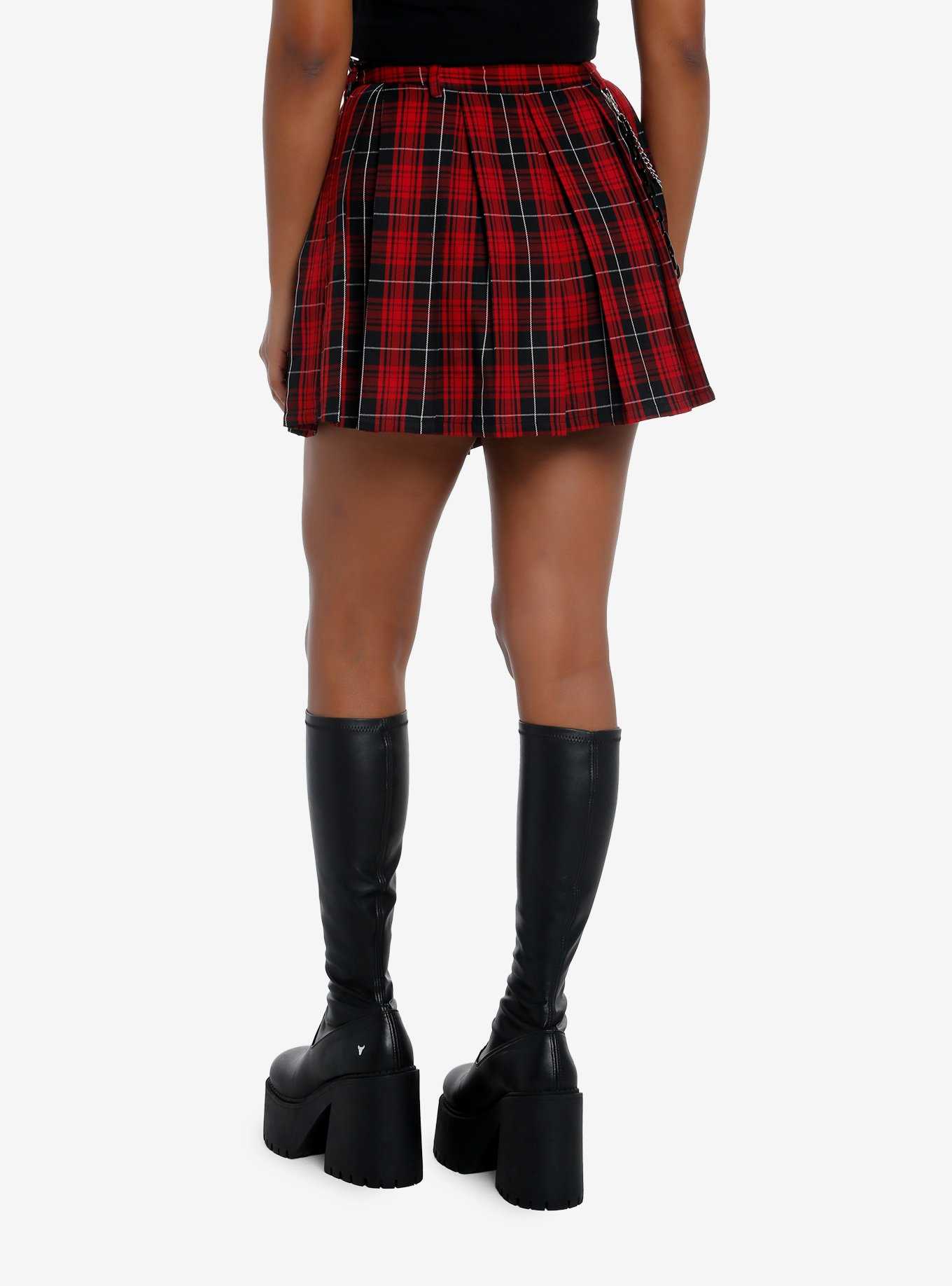 Social Collision Red Plaid Side Chain Pleated Skirt, , hi-res