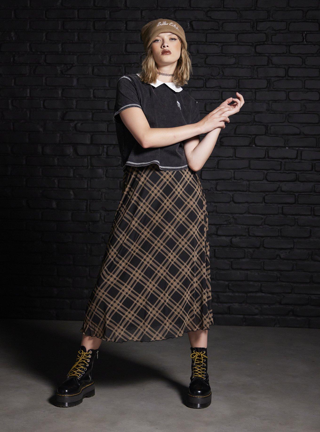 Social Collision Black & Brown Plaid Midi Skirt, BROWN, alternate