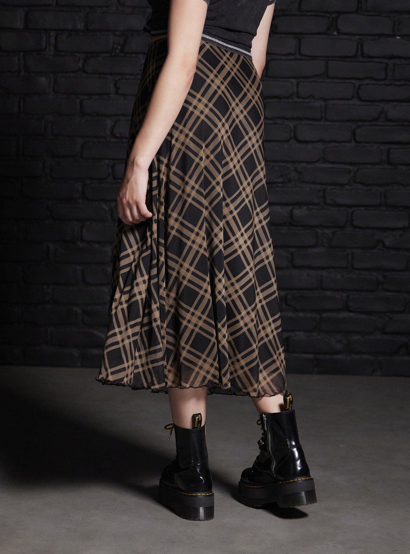 Social Collision Black & Brown Plaid Midi Skirt, BROWN, alternate