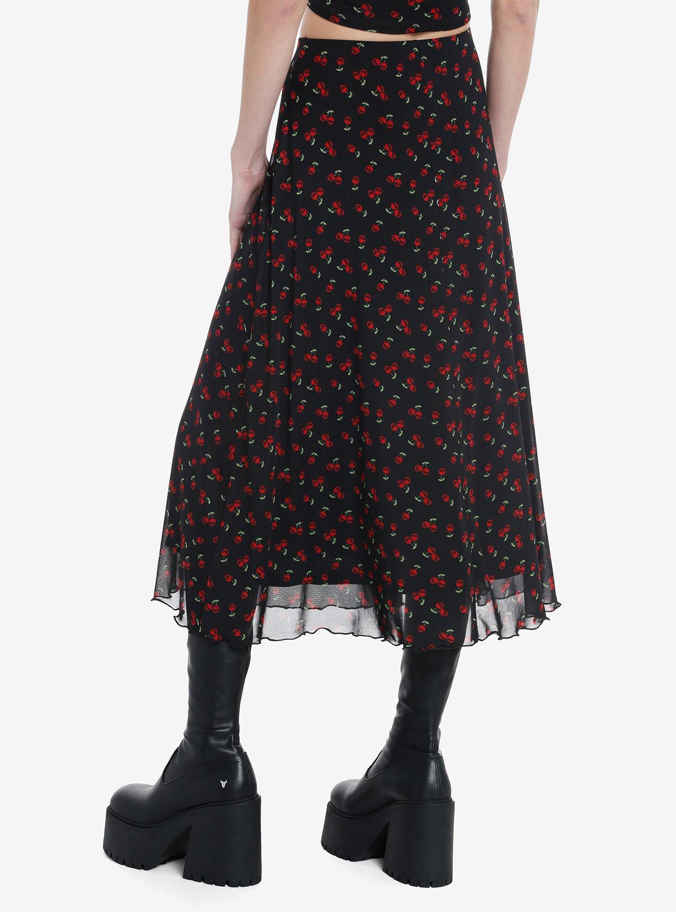Social Collision Skull Cherry Midi Skirt, RED, alternate