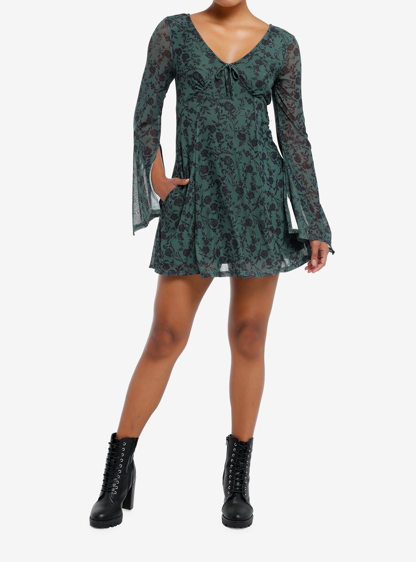 Thorn & Fable Olive Flower Bell Sleeve Dress, BLACK, alternate