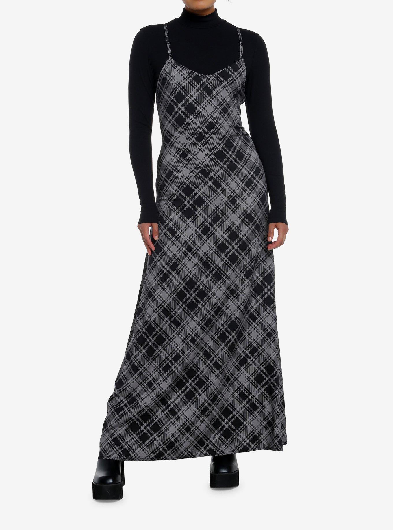 Social Collision Black & Grey Plaid Twofer Long-Sleeve Maxi Dress, GREY, alternate