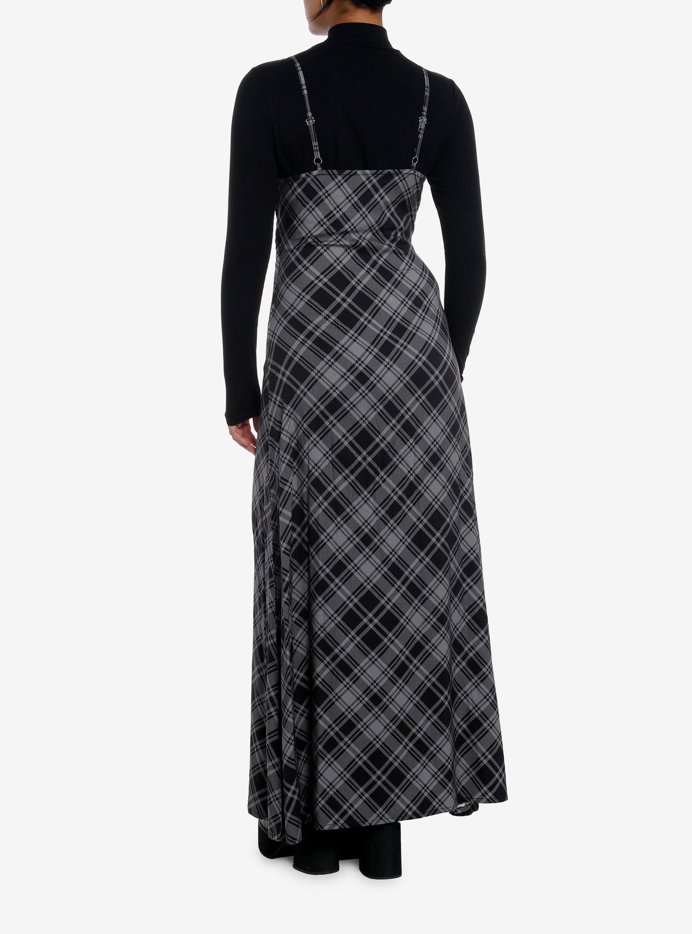 Social Collision Black & Grey Plaid Twofer Long-Sleeve Maxi Dress, GREY, alternate