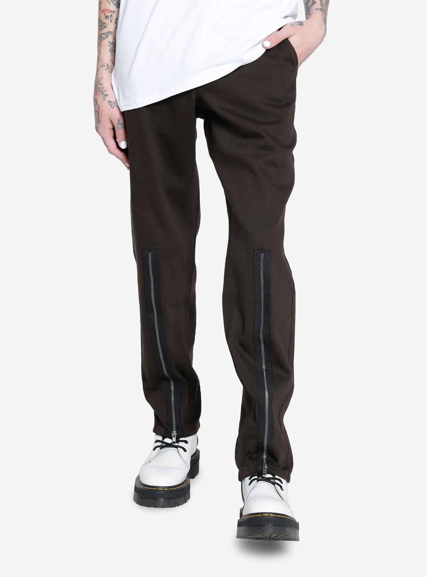 Brown Zipper Straight Leg Pants, BROWN, alternate