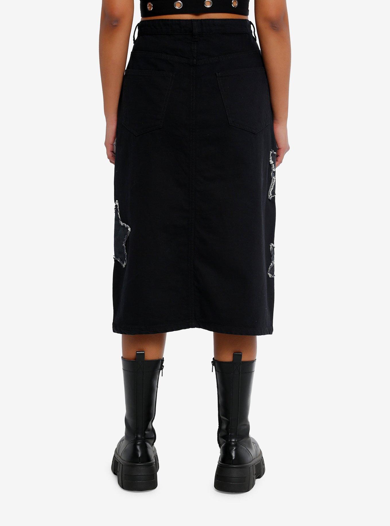 Daisy Street Star Patch Black Denim Midi Skirt