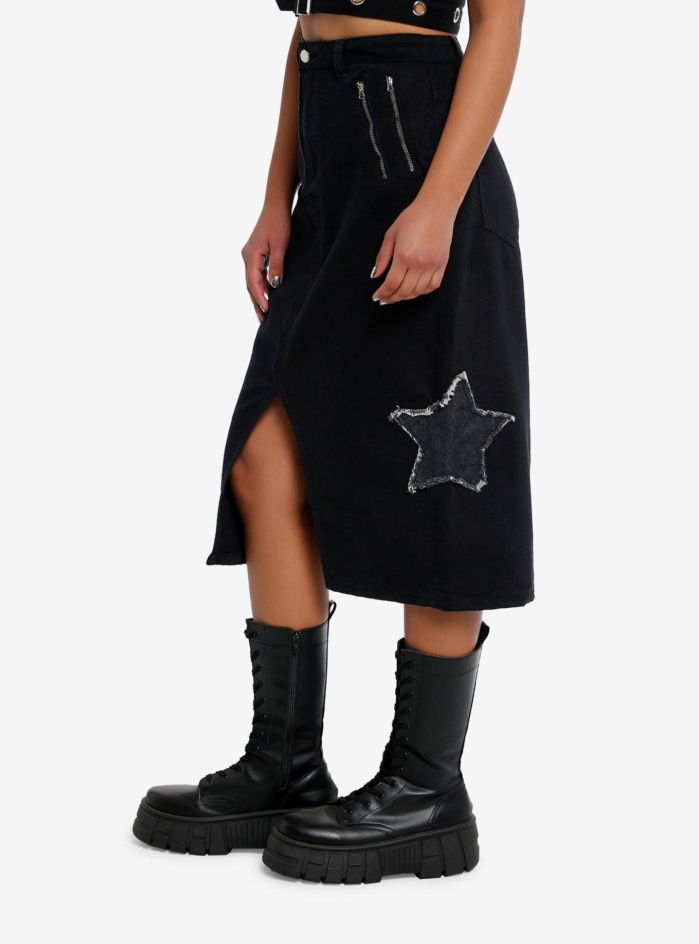 Daisy Street Star Patch Black Denim Midi Skirt