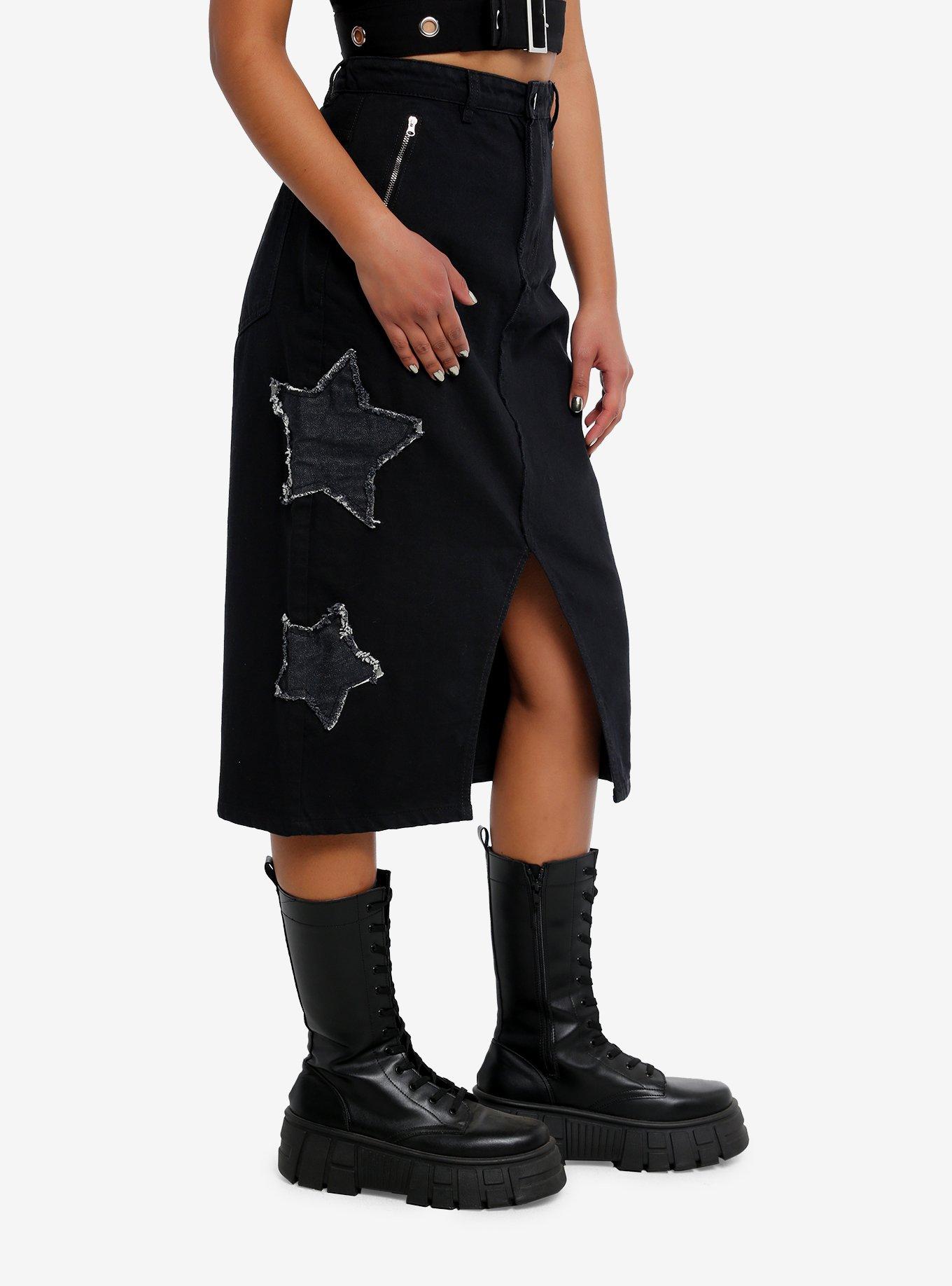 Daisy Street Star Patch Black Denim Midi Skirt