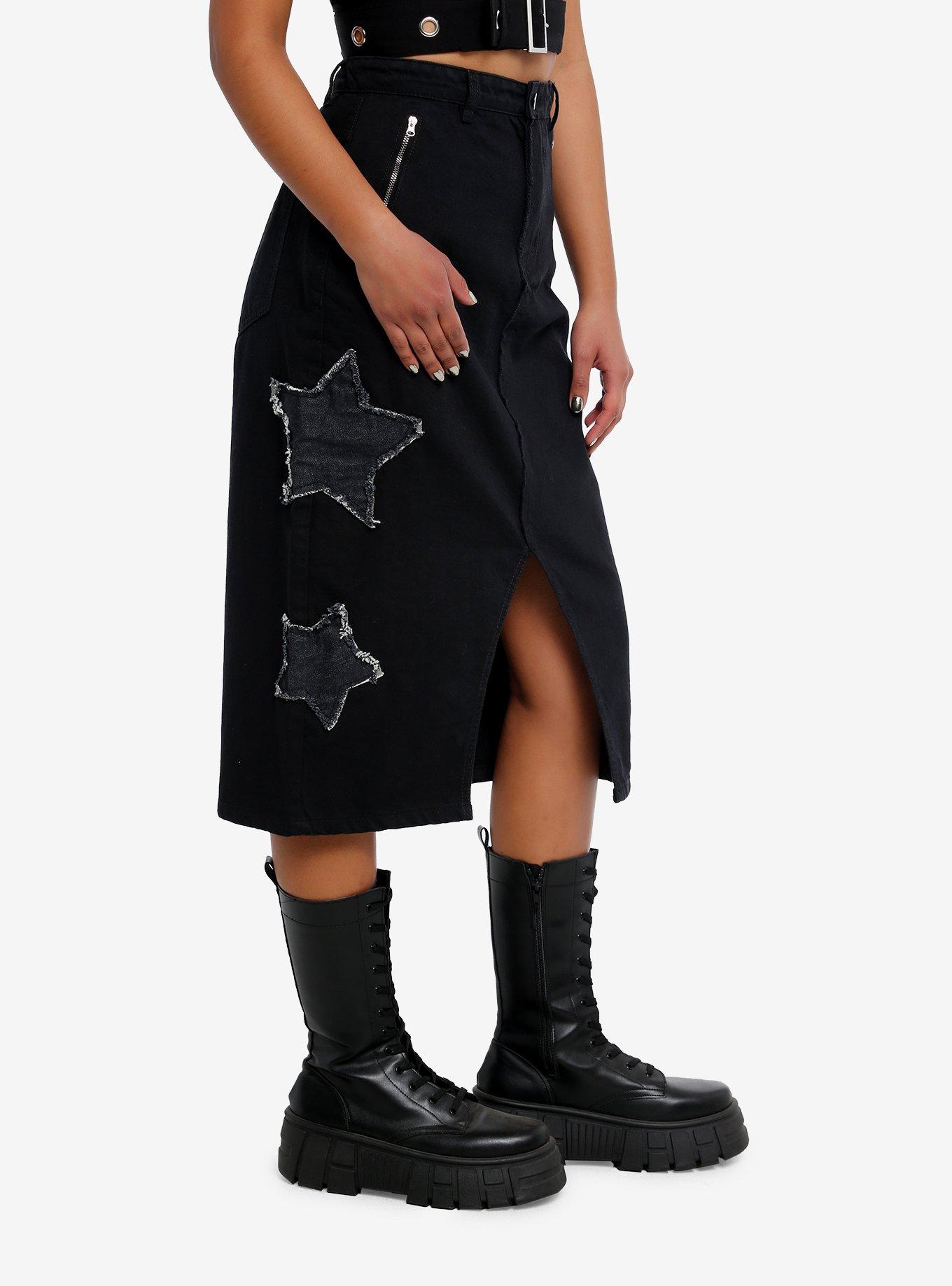 Daisy Street Star Patch Black Denim Midi Skirt, GREY, alternate